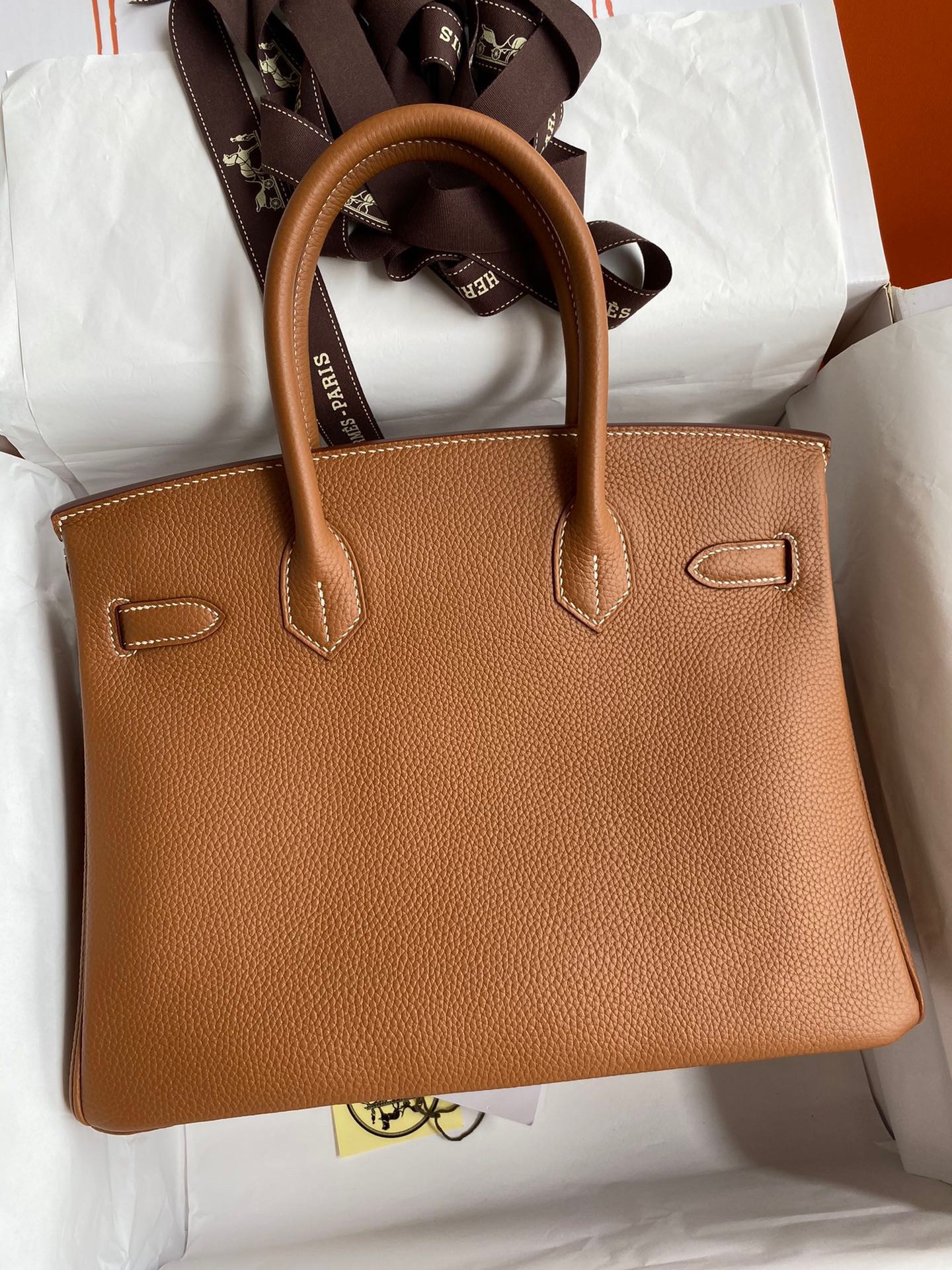 H**mes birkin 30 retourne handmade bag in gold clemence leather