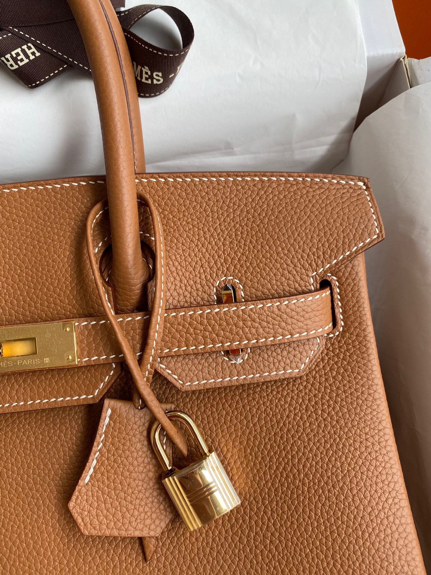 H**mes birkin 30 retourne handmade bag in gold clemence leather