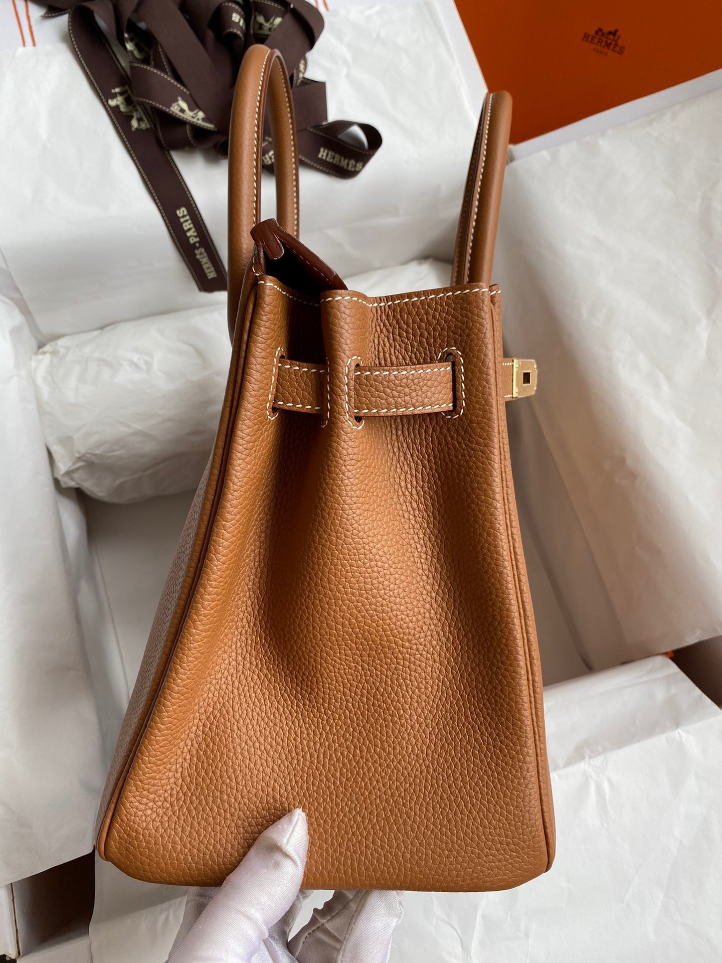 H**mes birkin 30 retourne handmade bag in gold clemence leather