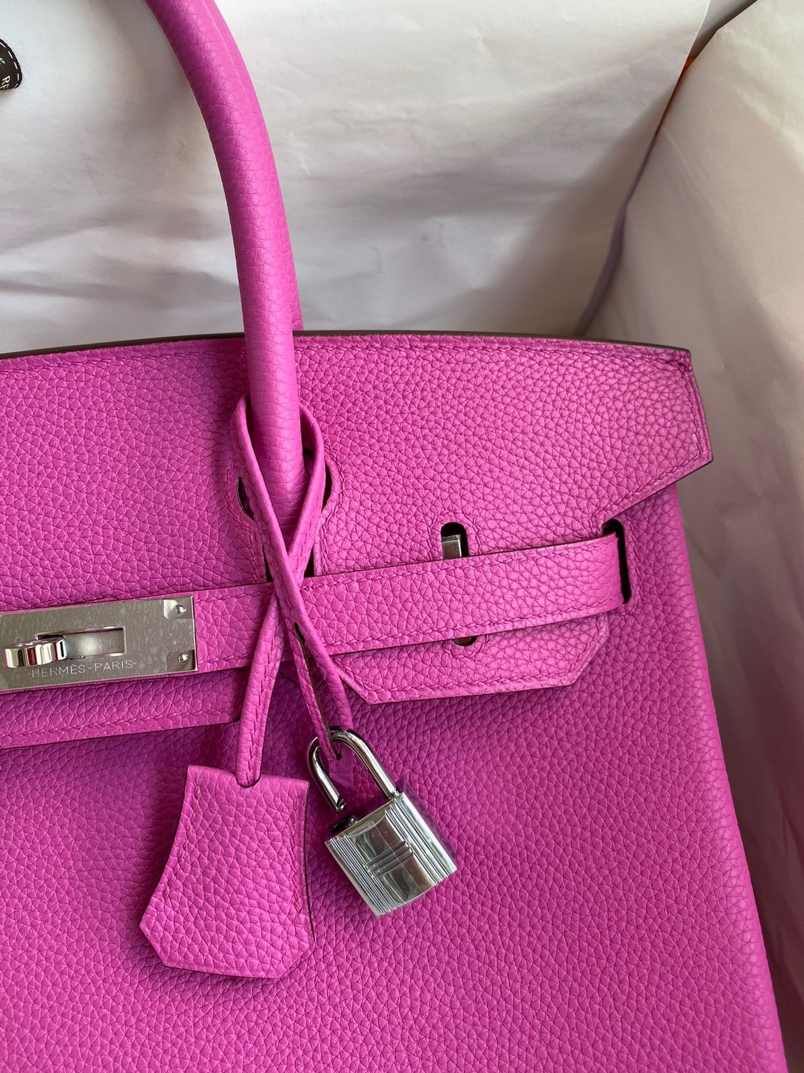 H**mes birkin 30 retourne handmade bag in magnolia clemence leather