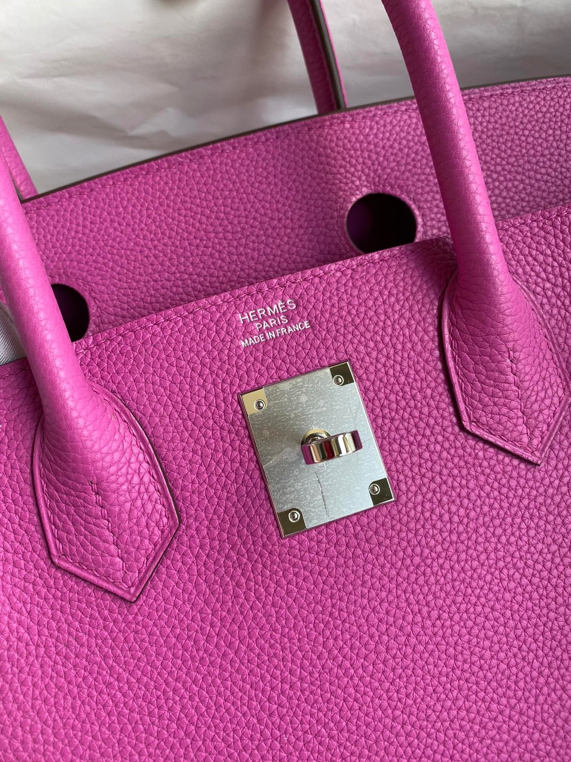 H**mes birkin 30 retourne handmade bag in magnolia clemence leather