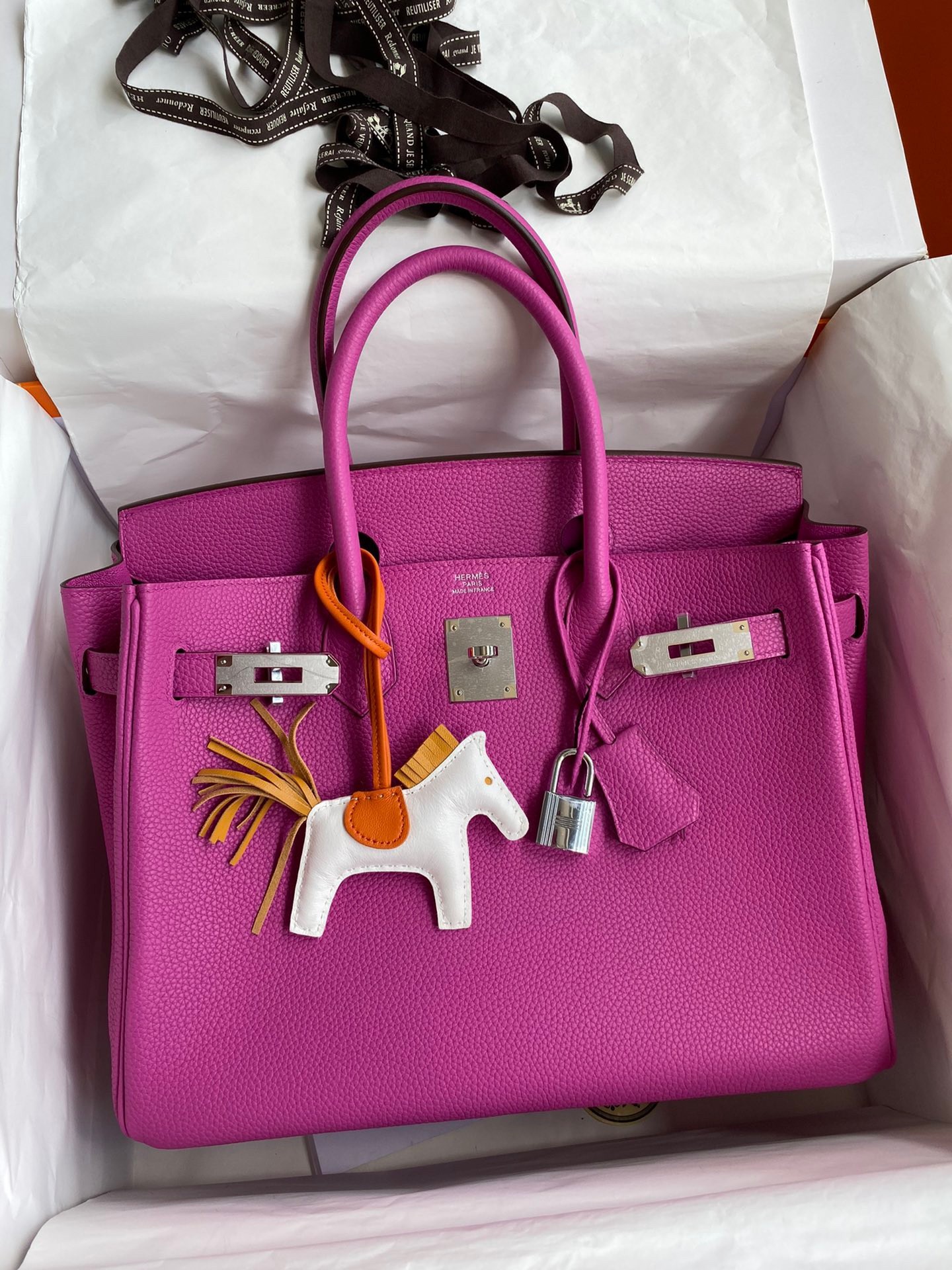 H**mes birkin 30 retourne handmade bag in magnolia clemence leather