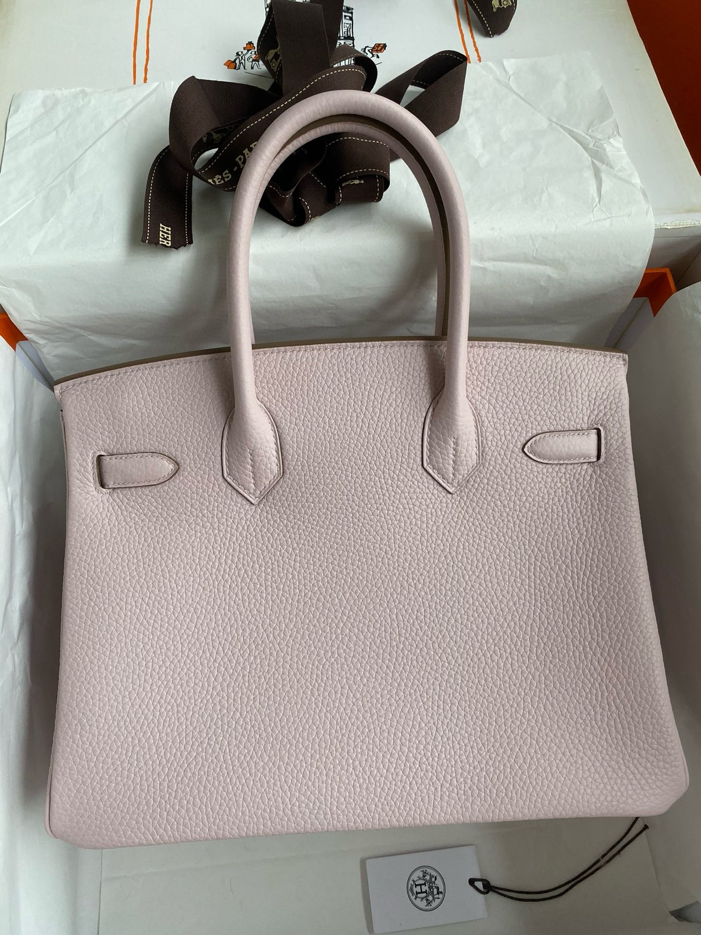 H**mes birkin 30 retourne handmade bag in mauve pale clemence leather