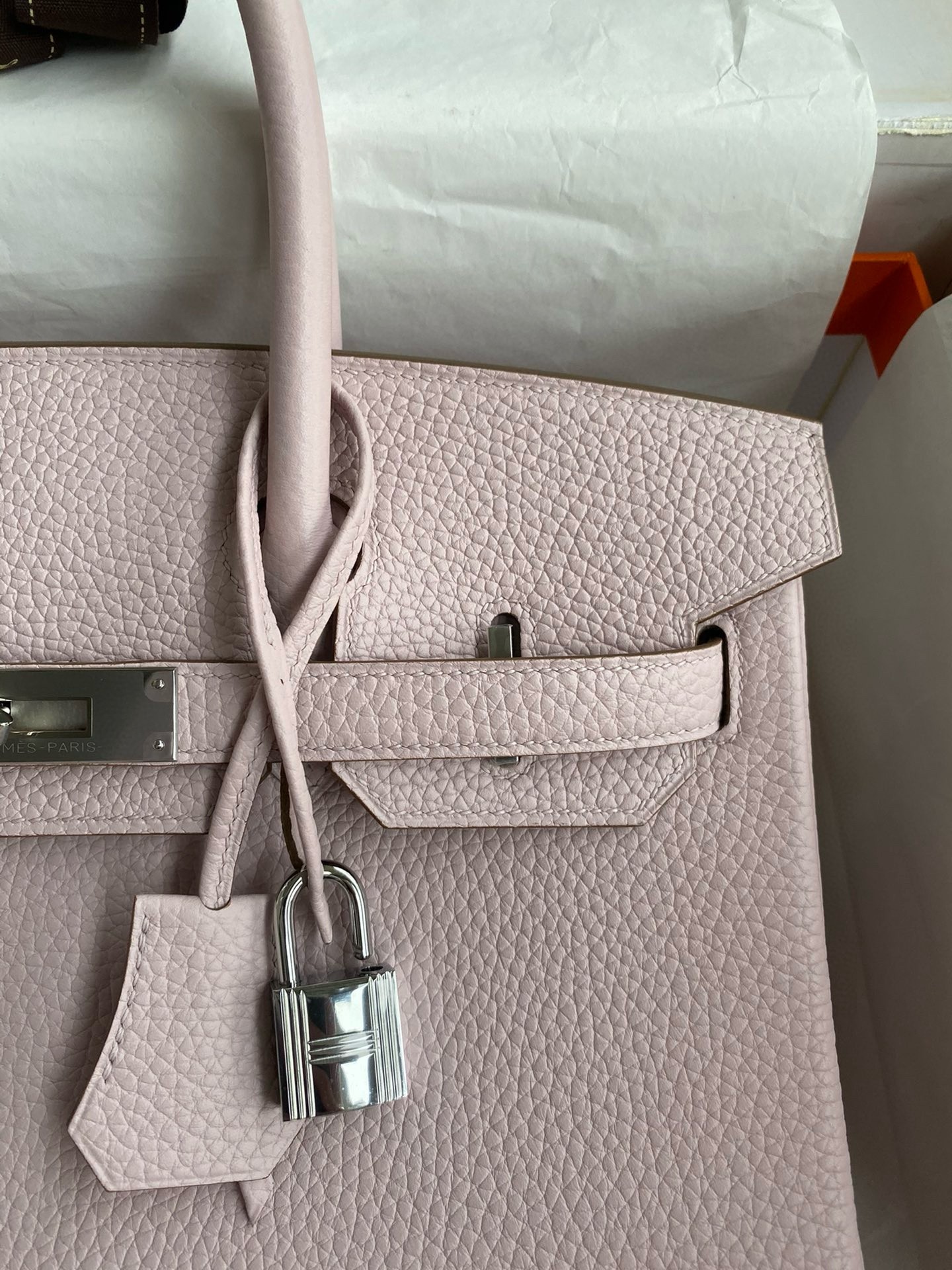 H**mes birkin 30 retourne handmade bag in mauve pale clemence leather