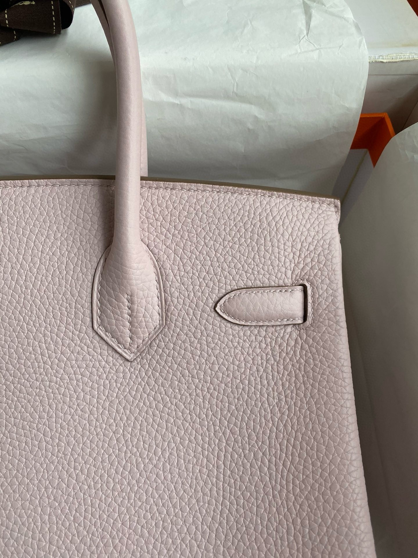 H**mes birkin 30 retourne handmade bag in mauve pale clemence leather
