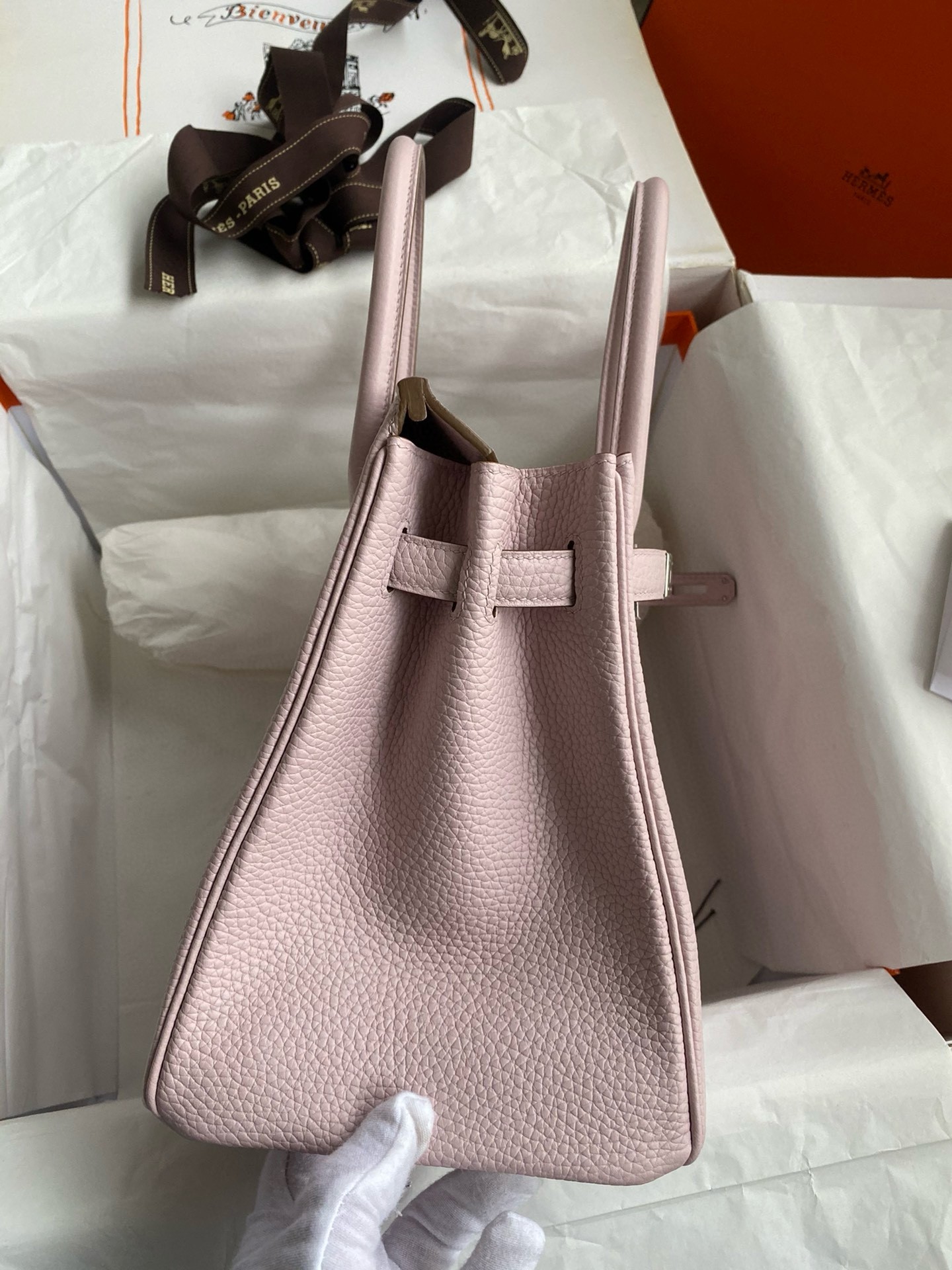 H**mes birkin 30 retourne handmade bag in mauve pale clemence leather