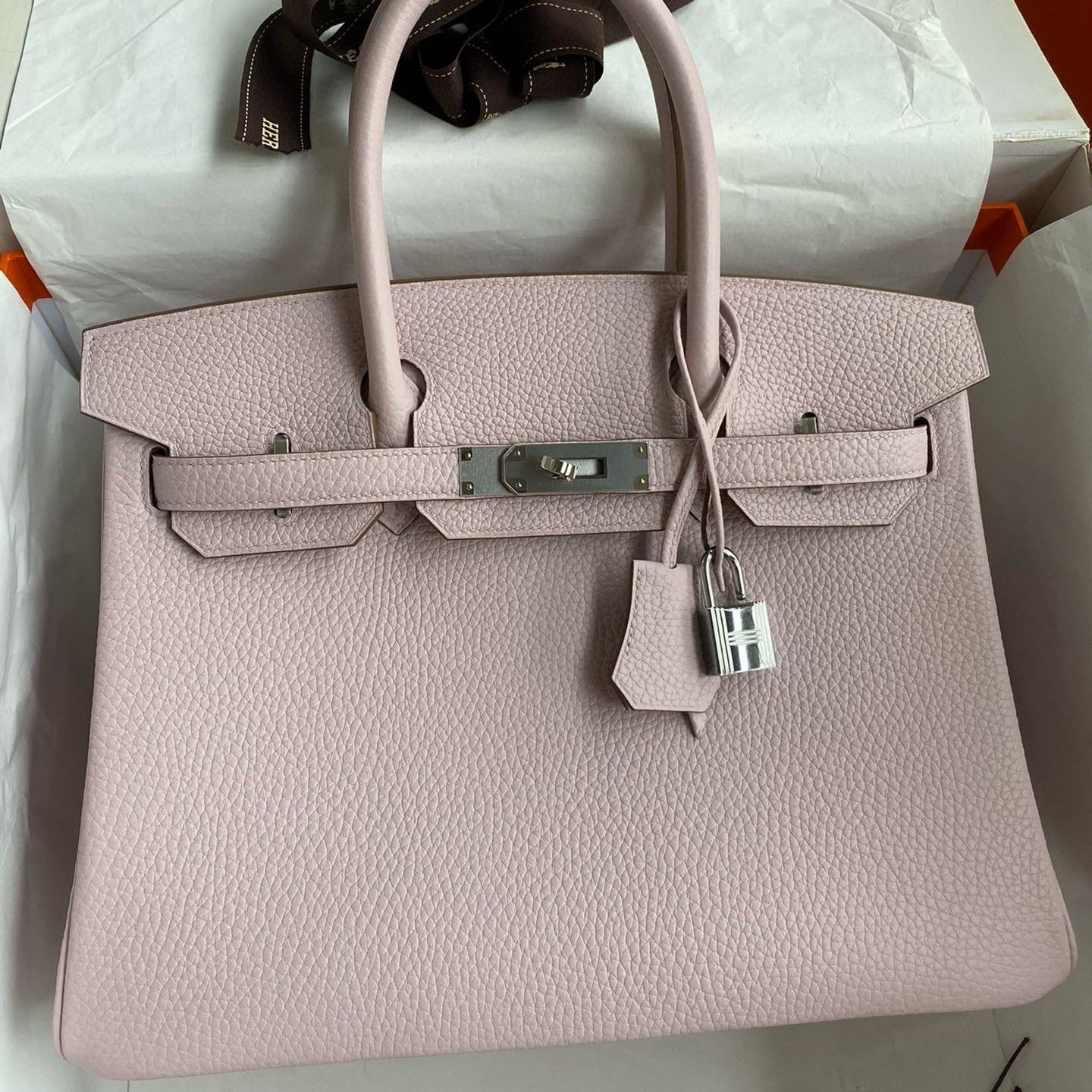 H**mes birkin 30 retourne handmade bag in mauve pale clemence leather