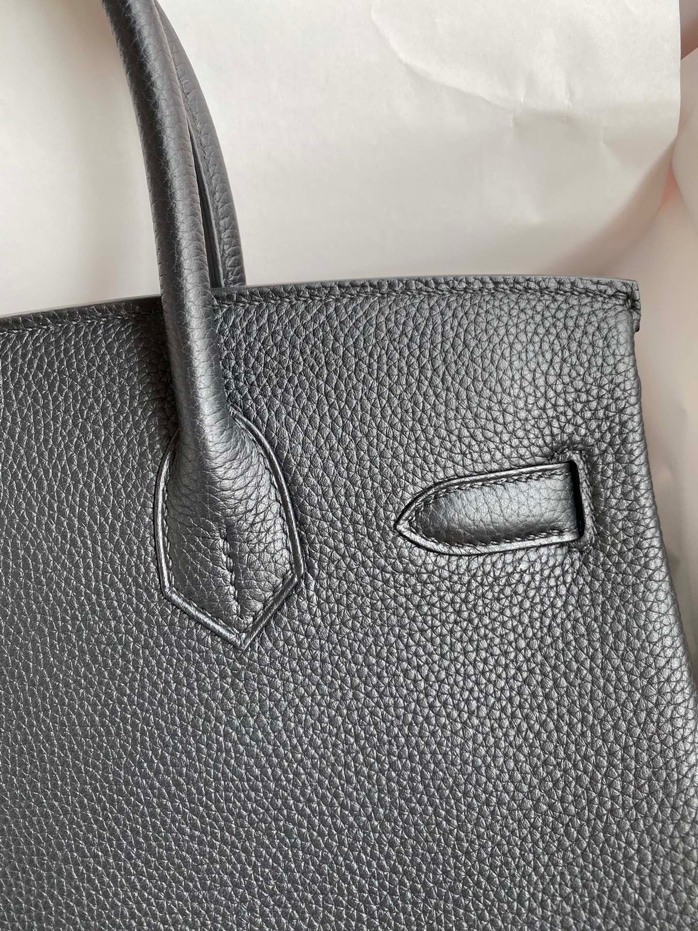 H**mes birkin 30 retourne handmade bag in black clemence leather