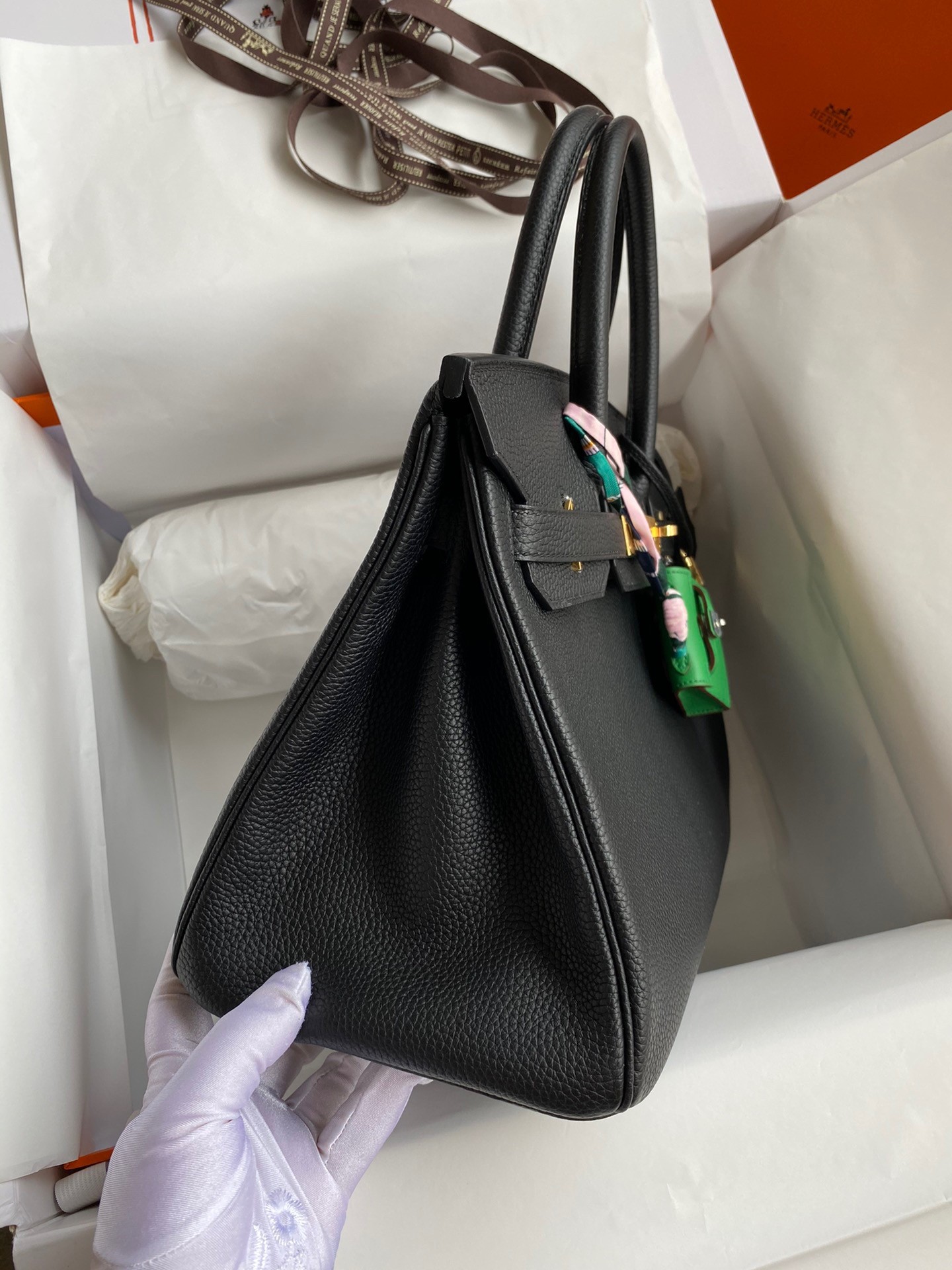 H**mes birkin 30 retourne handmade bag in black clemence leather