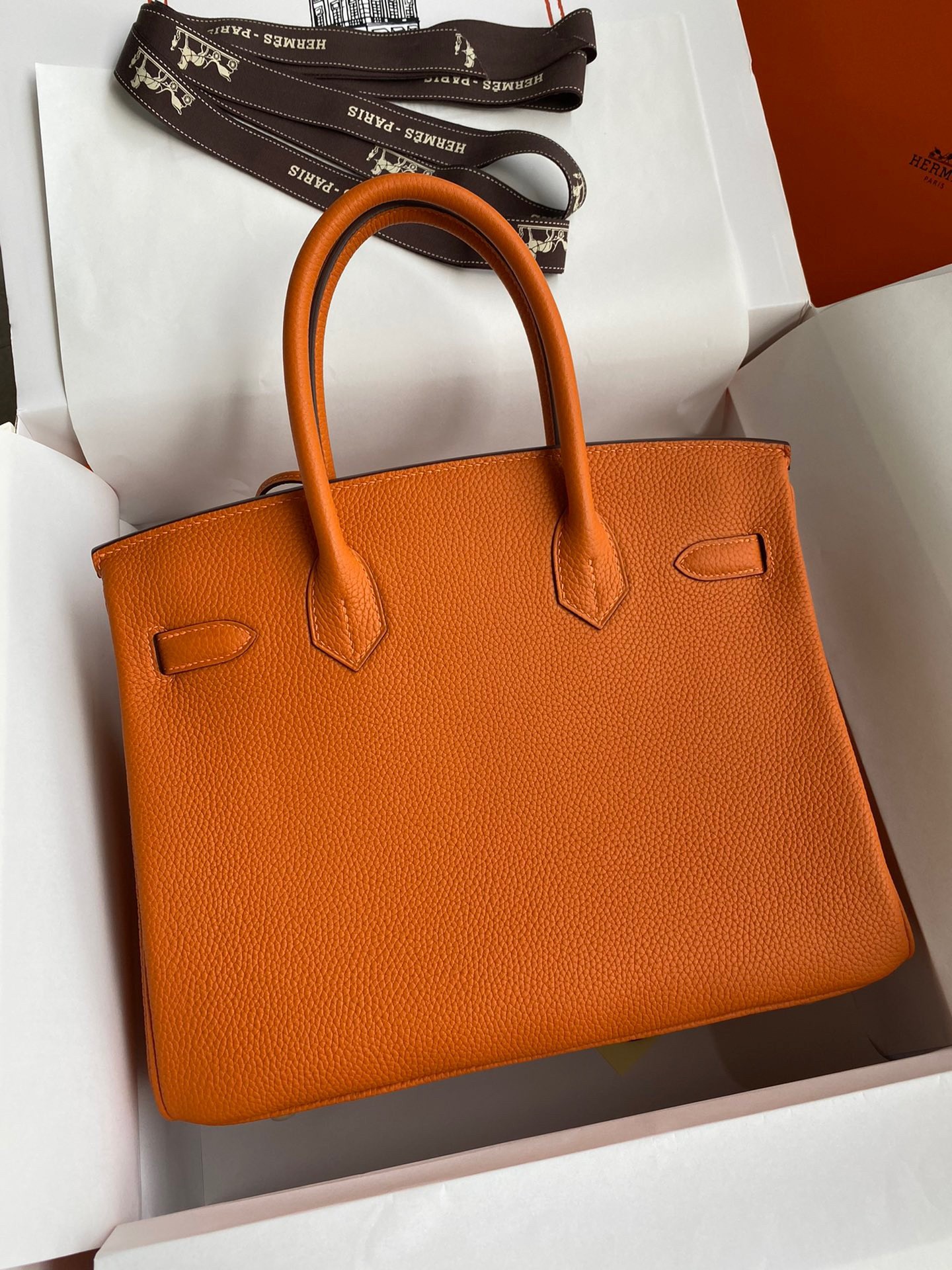 H**mes birkin 30 retourne handmade bag in orange clemence leather