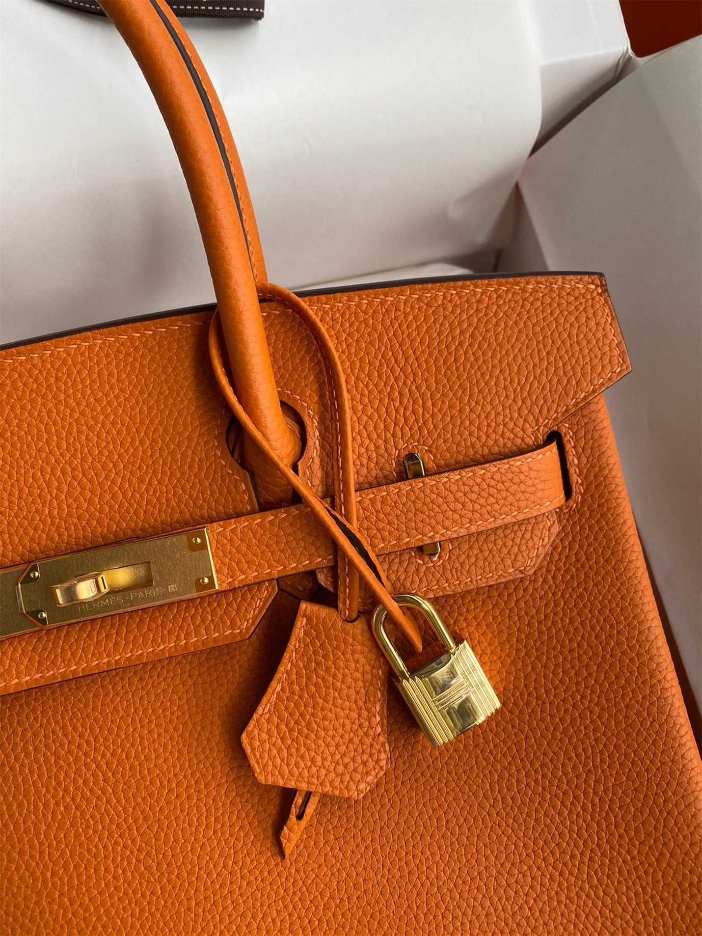 H**mes birkin 30 retourne handmade bag in orange clemence leather
