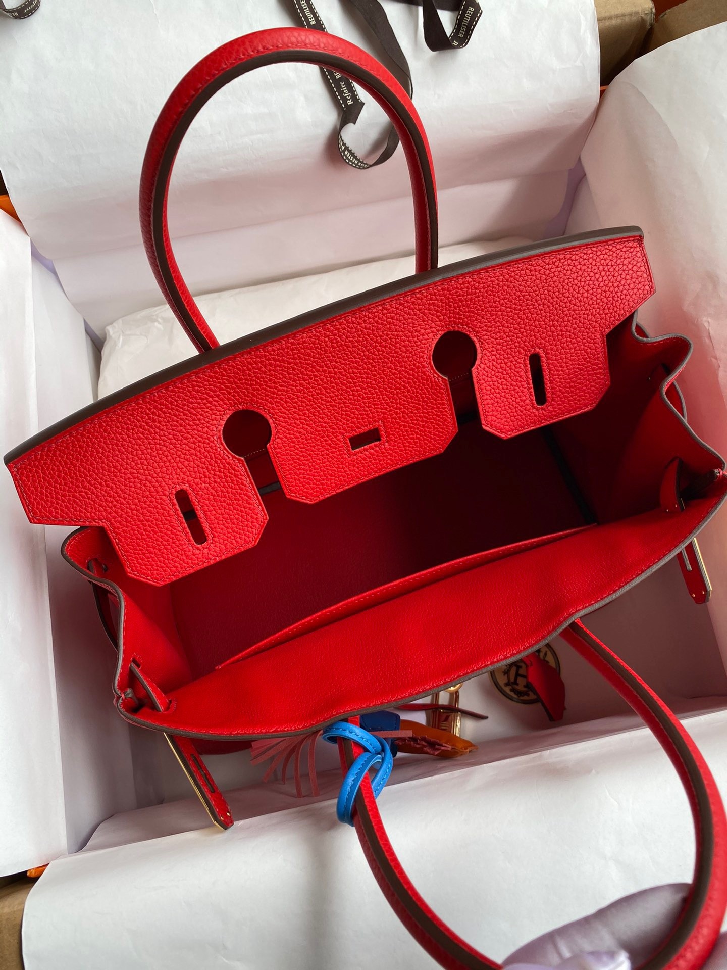 H**mes birkin 30 retourne handmade bag in red clemence leather
