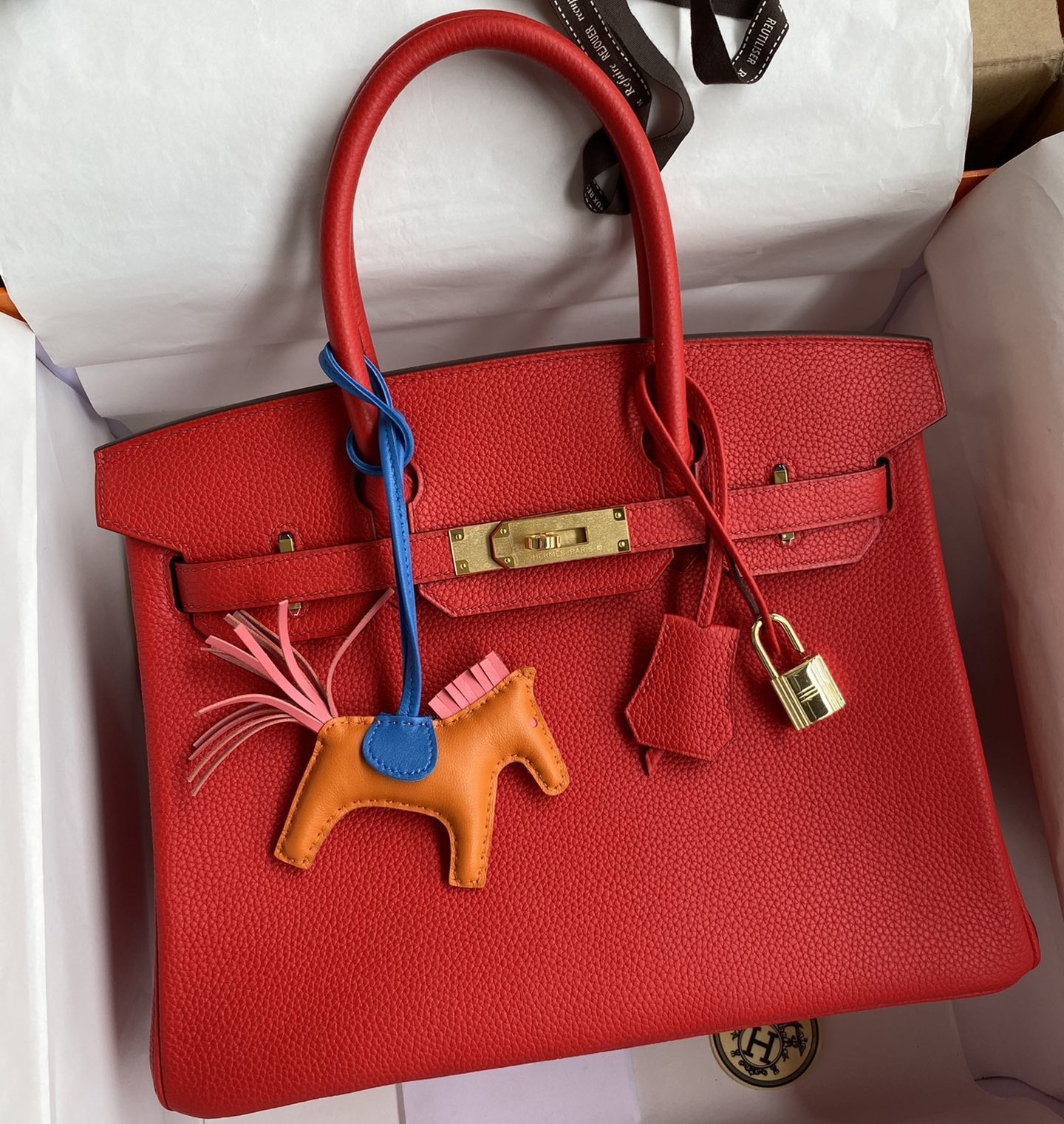 H**mes birkin 30 retourne handmade bag in red clemence leather