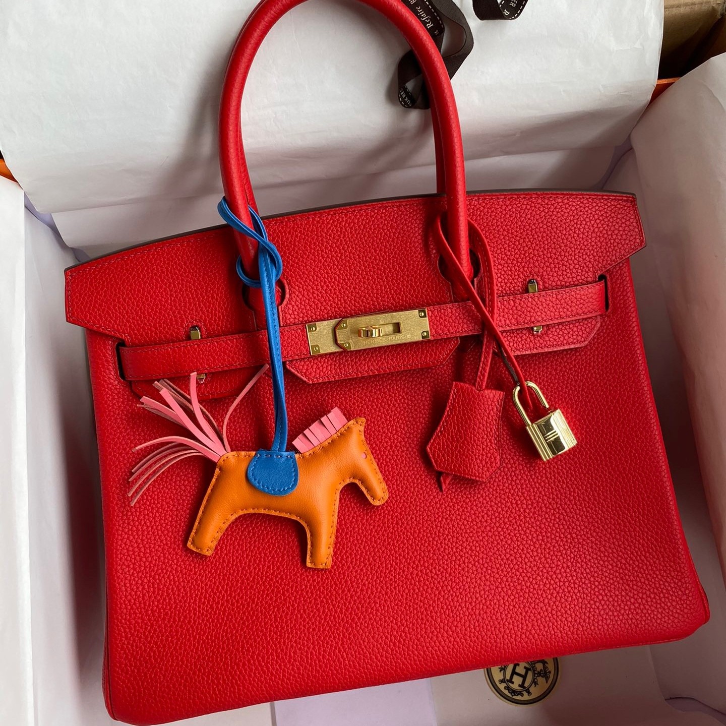H**mes birkin 30 retourne handmade bag in red clemence leather