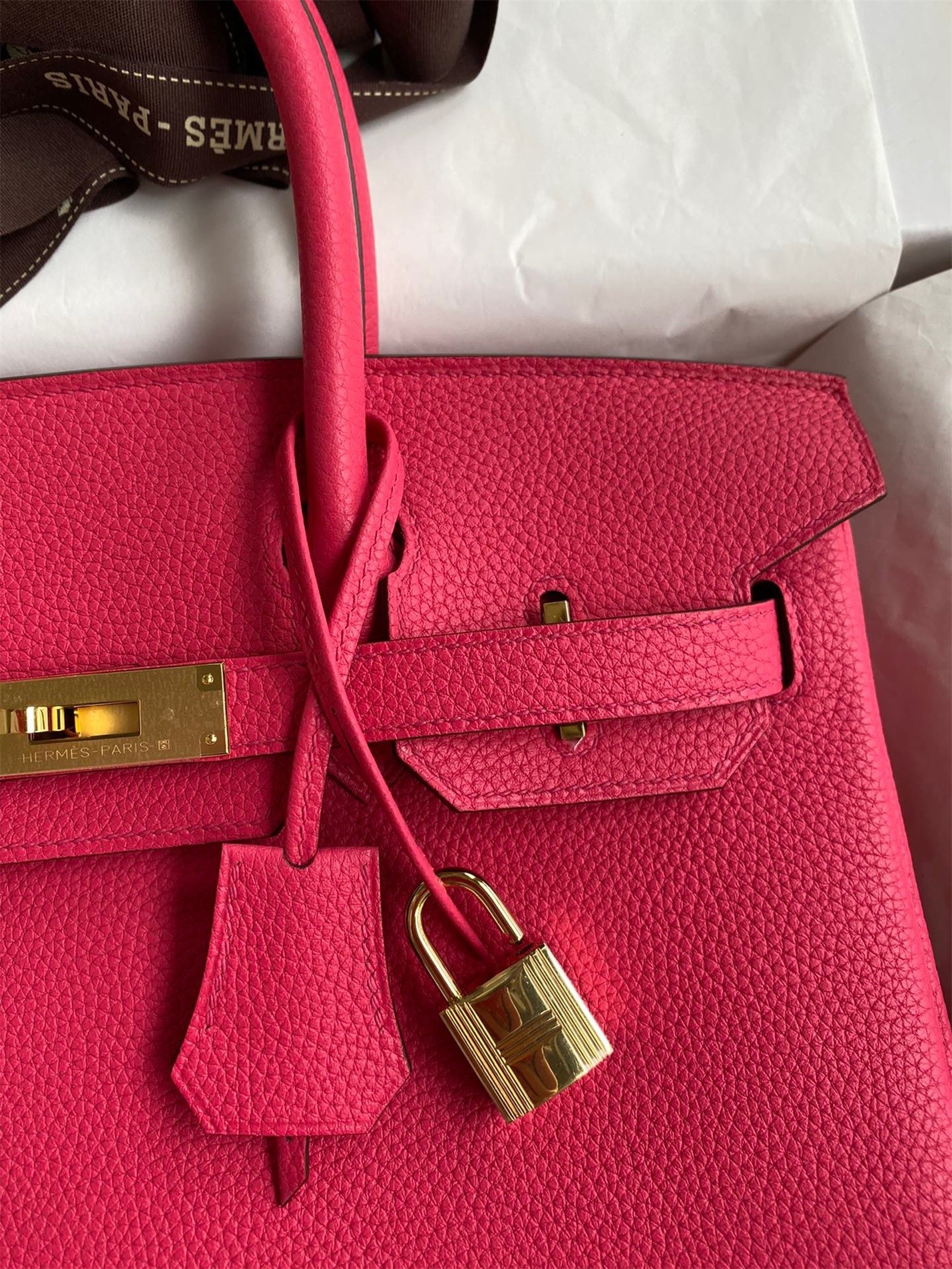 H**mes birkin 30 retourne handmade bag in rose red clemence leather