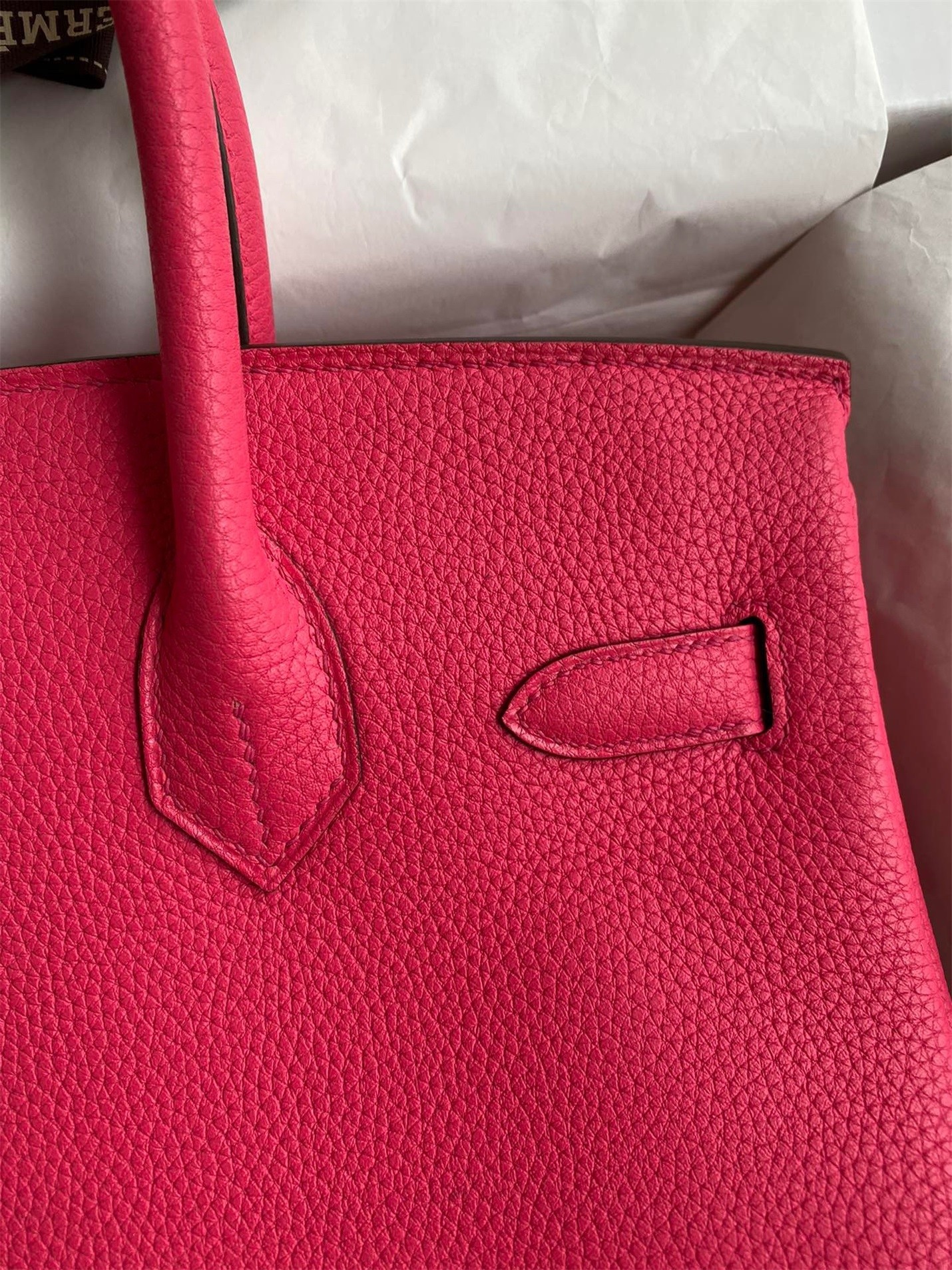 H**mes birkin 30 retourne handmade bag in rose red clemence leather