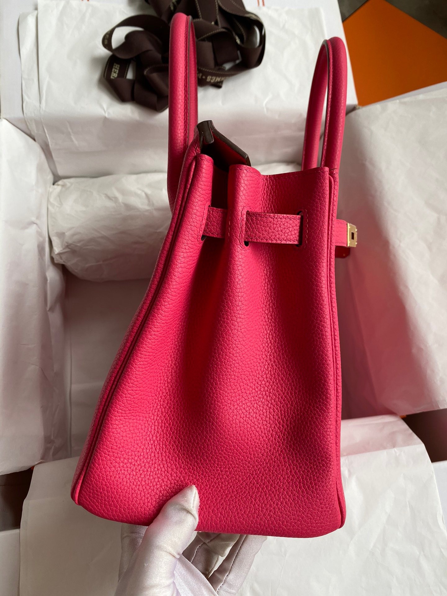 H**mes birkin 30 retourne handmade bag in rose red clemence leather
