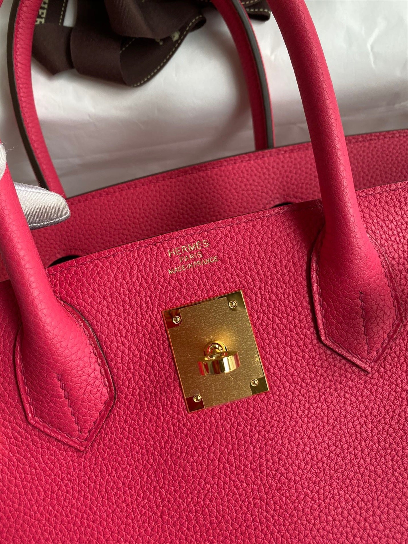 H**mes birkin 30 retourne handmade bag in rose red clemence leather