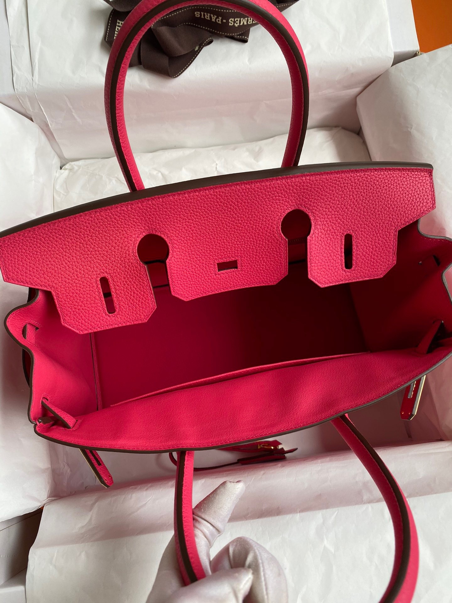 H**mes birkin 30 retourne handmade bag in rose red clemence leather