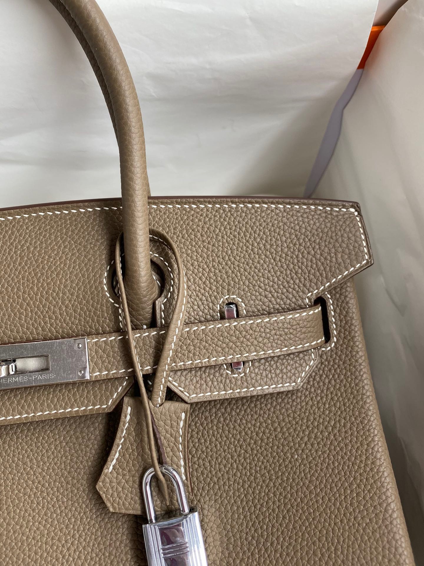 H**mes birkin 30 retourne handmade bag in taupe clemence leather