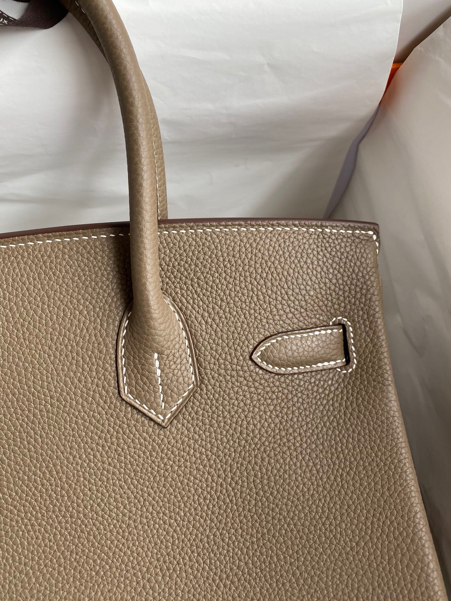 H**mes birkin 30 retourne handmade bag in taupe clemence leather