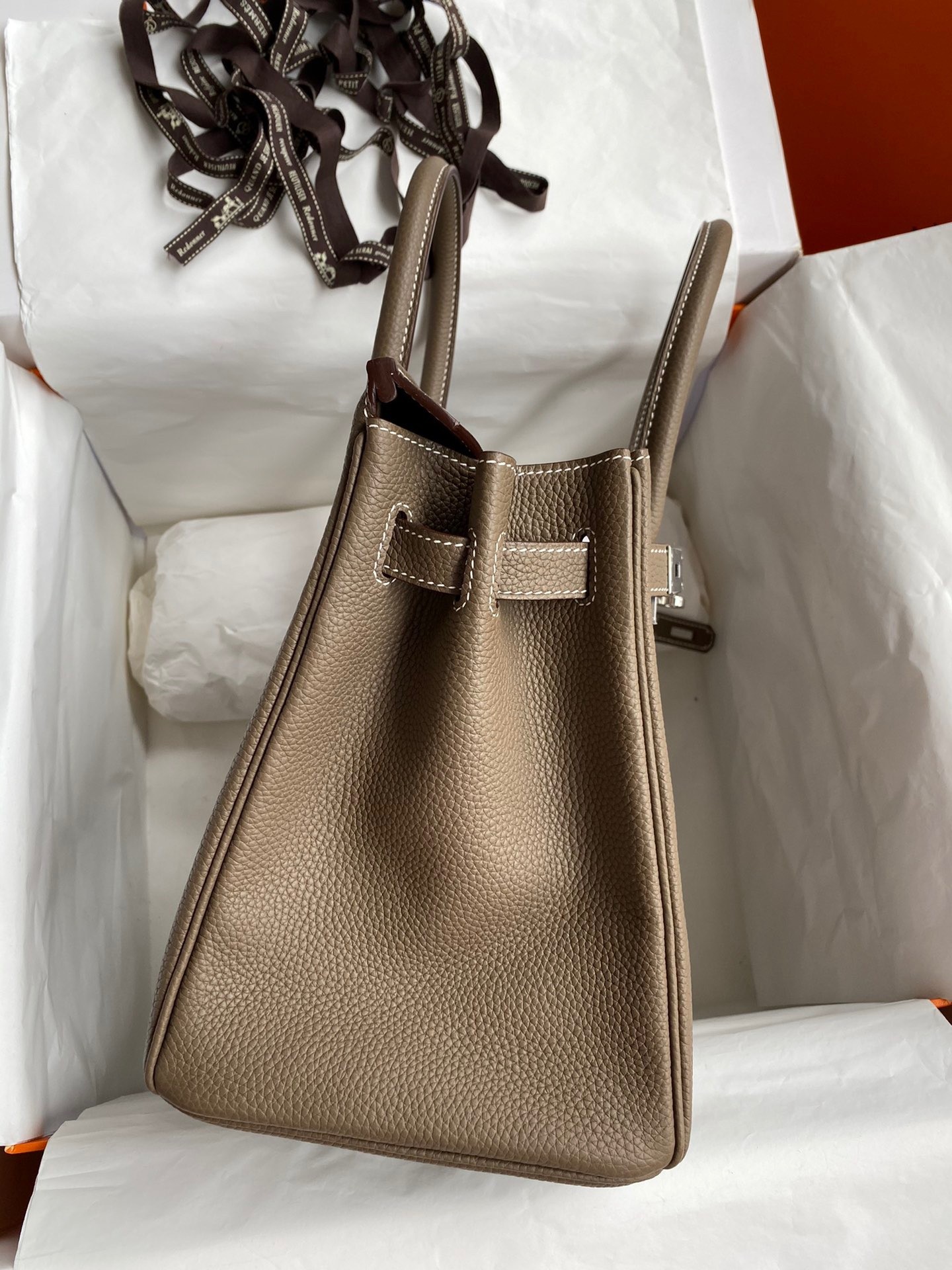 H**mes birkin 30 retourne handmade bag in taupe clemence leather
