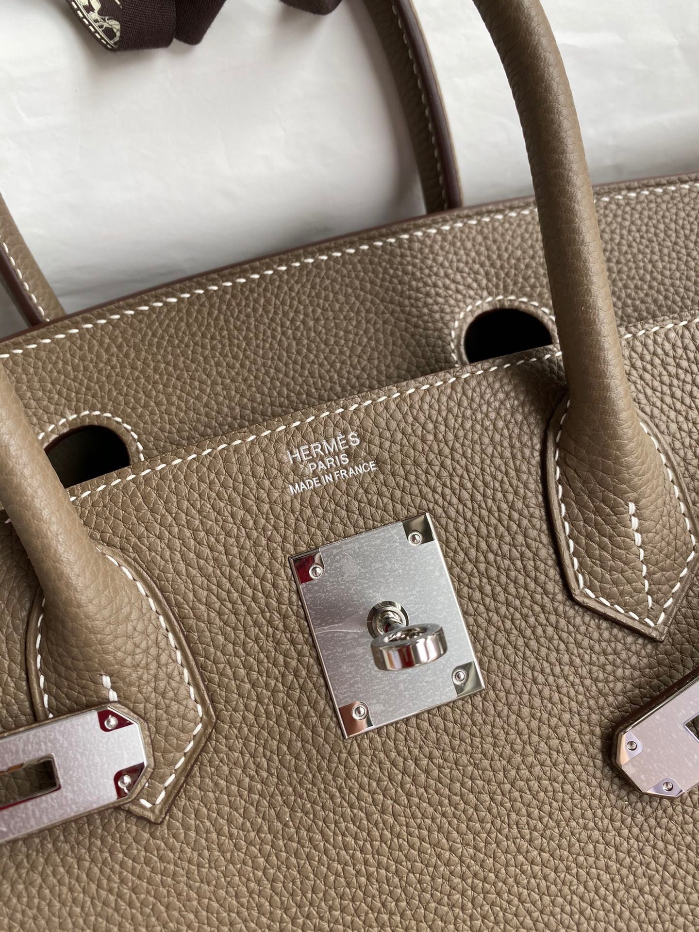 H**mes birkin 30 retourne handmade bag in taupe clemence leather