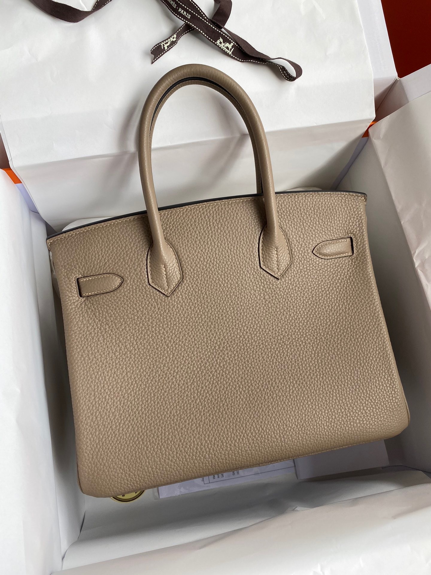 H**mes birkin 30 retourne handmade bag in gris tourterelle clemence leather