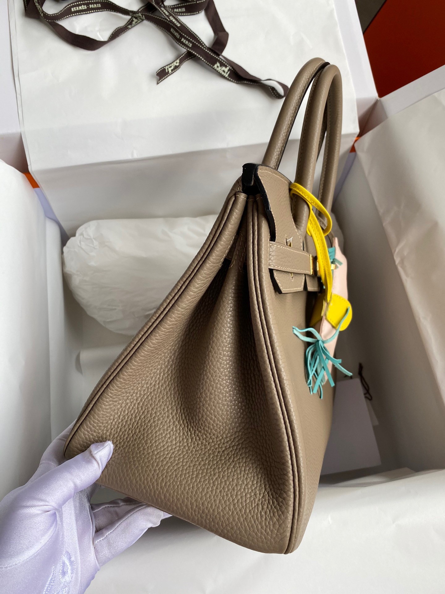H**mes birkin 30 retourne handmade bag in gris tourterelle clemence leather