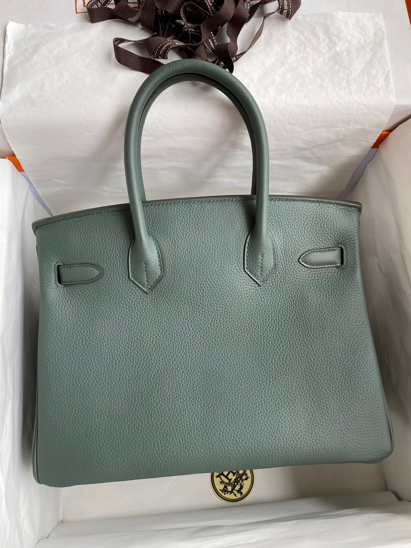 H**mes birkin 30 retourne handmade bag in vert amande clemence leather