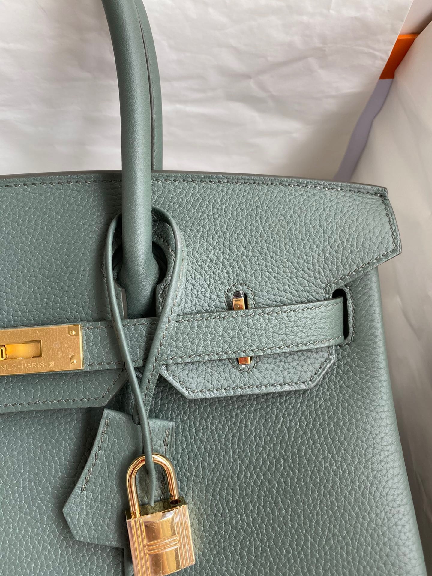 H**mes birkin 30 retourne handmade bag in vert amande clemence leather