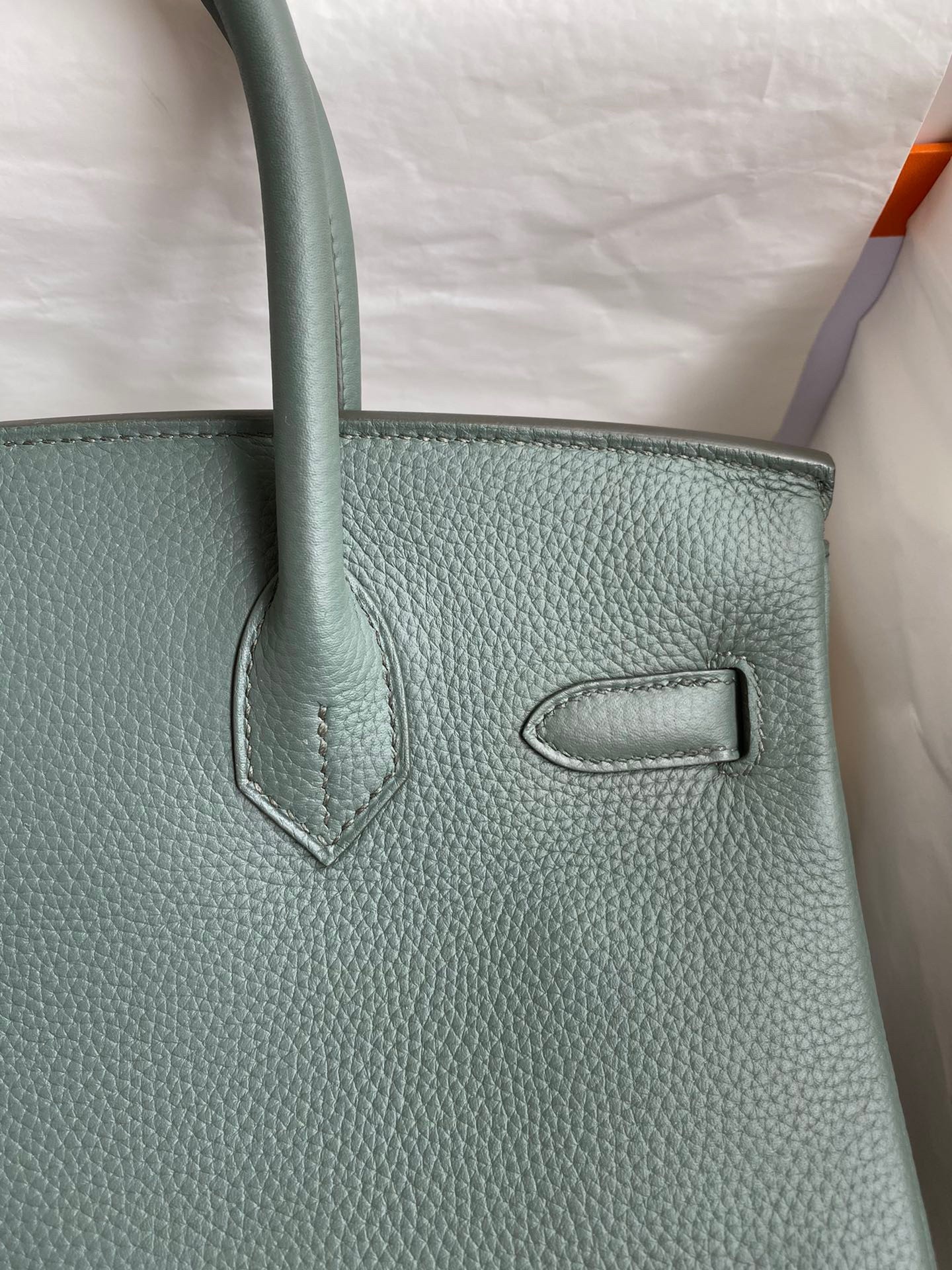 H**mes birkin 30 retourne handmade bag in vert amande clemence leather