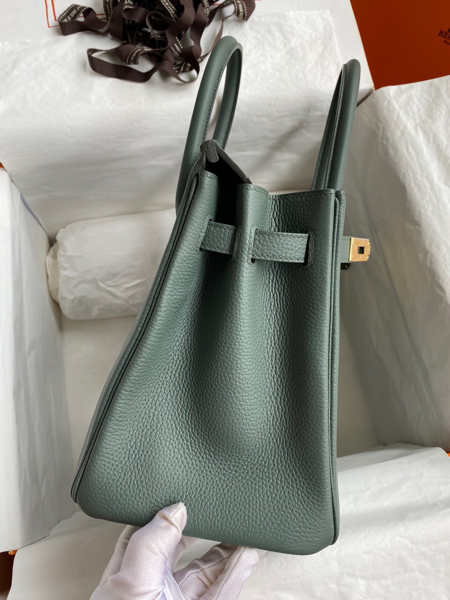 H**mes birkin 30 retourne handmade bag in vert amande clemence leather