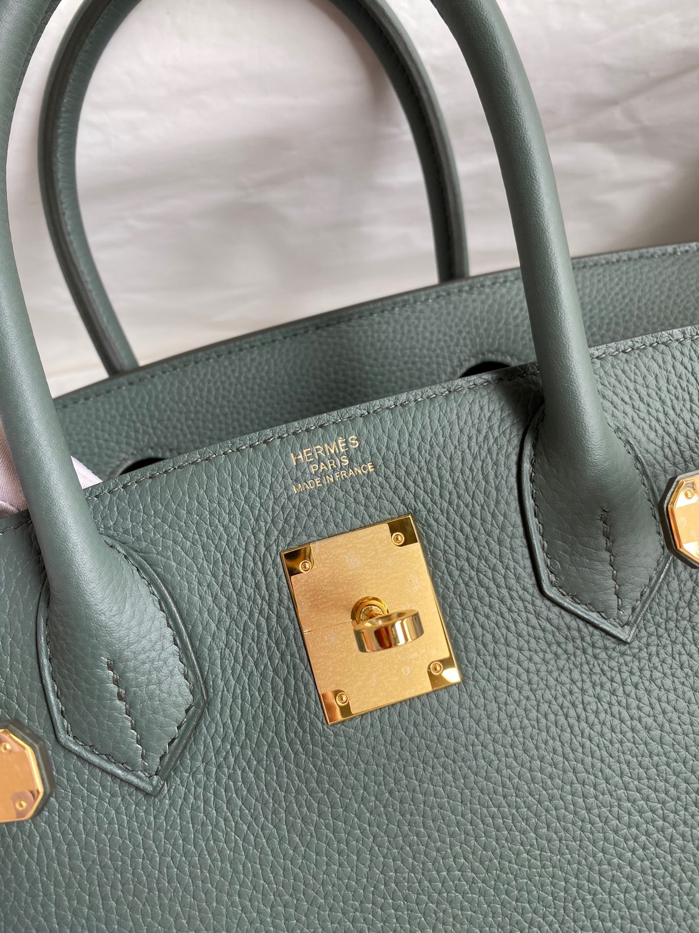 H**mes birkin 30 retourne handmade bag in vert amande clemence leather