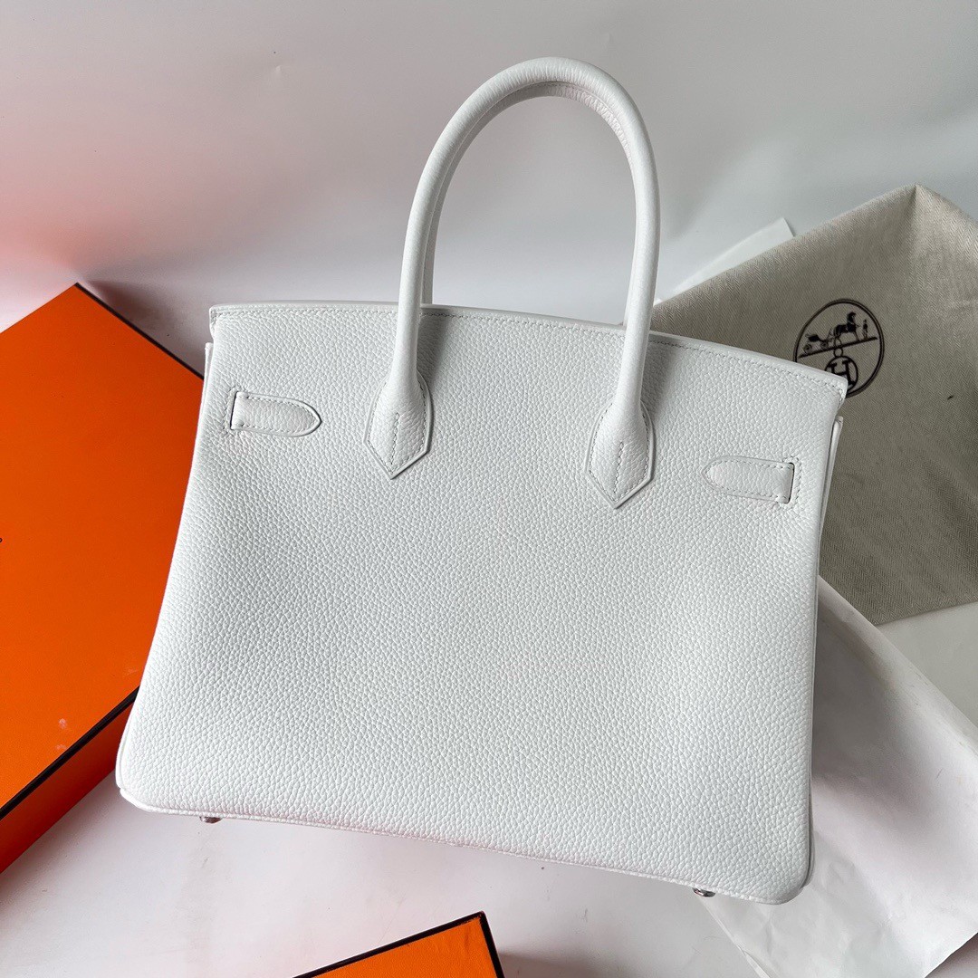 H**mes birkin 30 retourne handmade bag in white clemence leather