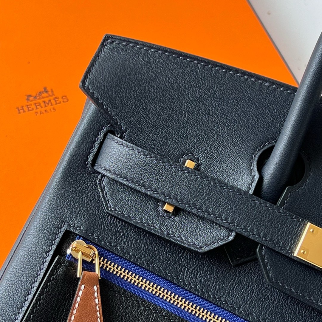 H**mes colormatic birkin 30 bag in blue nuit, black and chai swift leather
