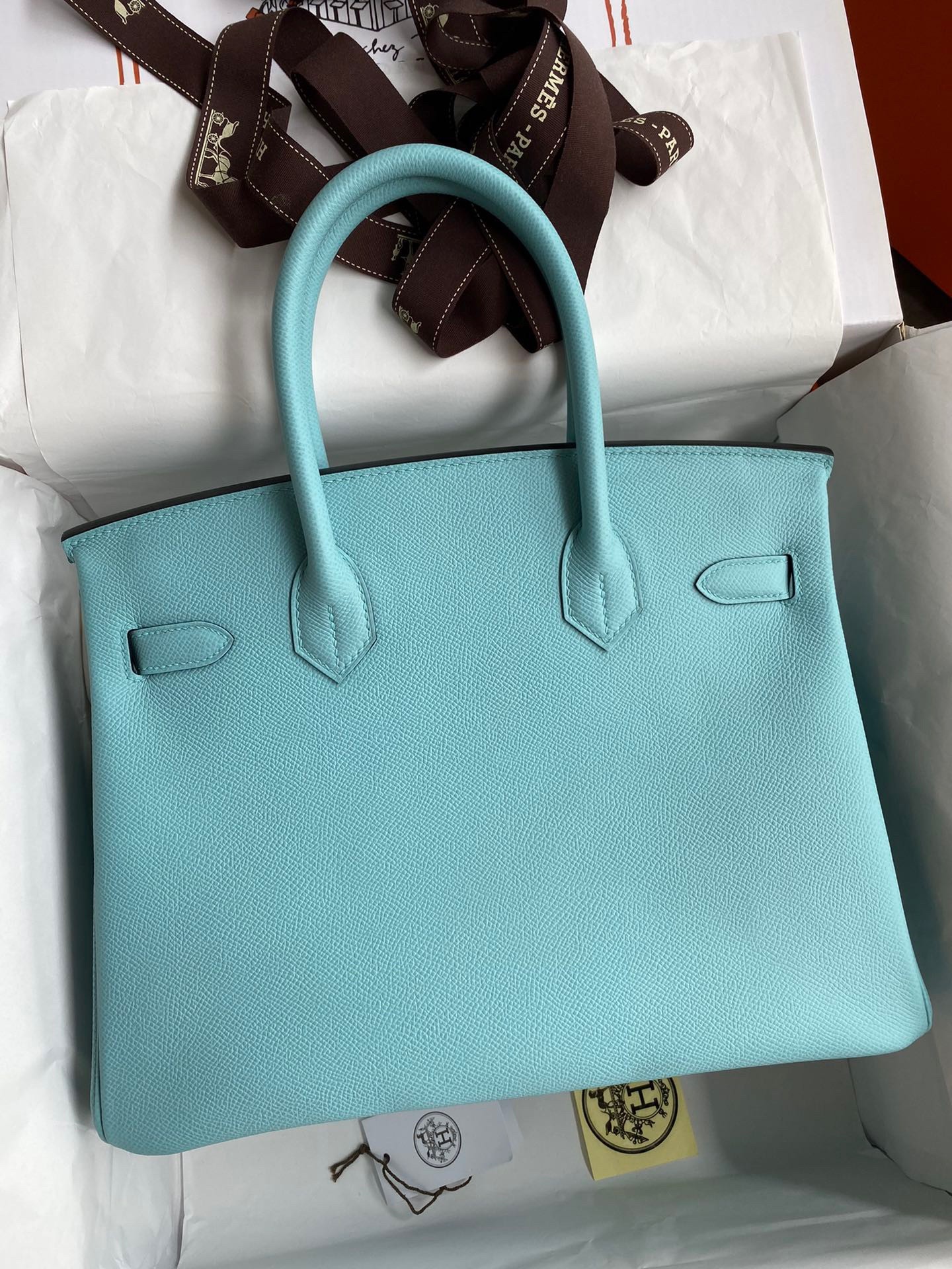 H**mes birkin 30 retourne handmade bag in blue atoll epsom calfskin