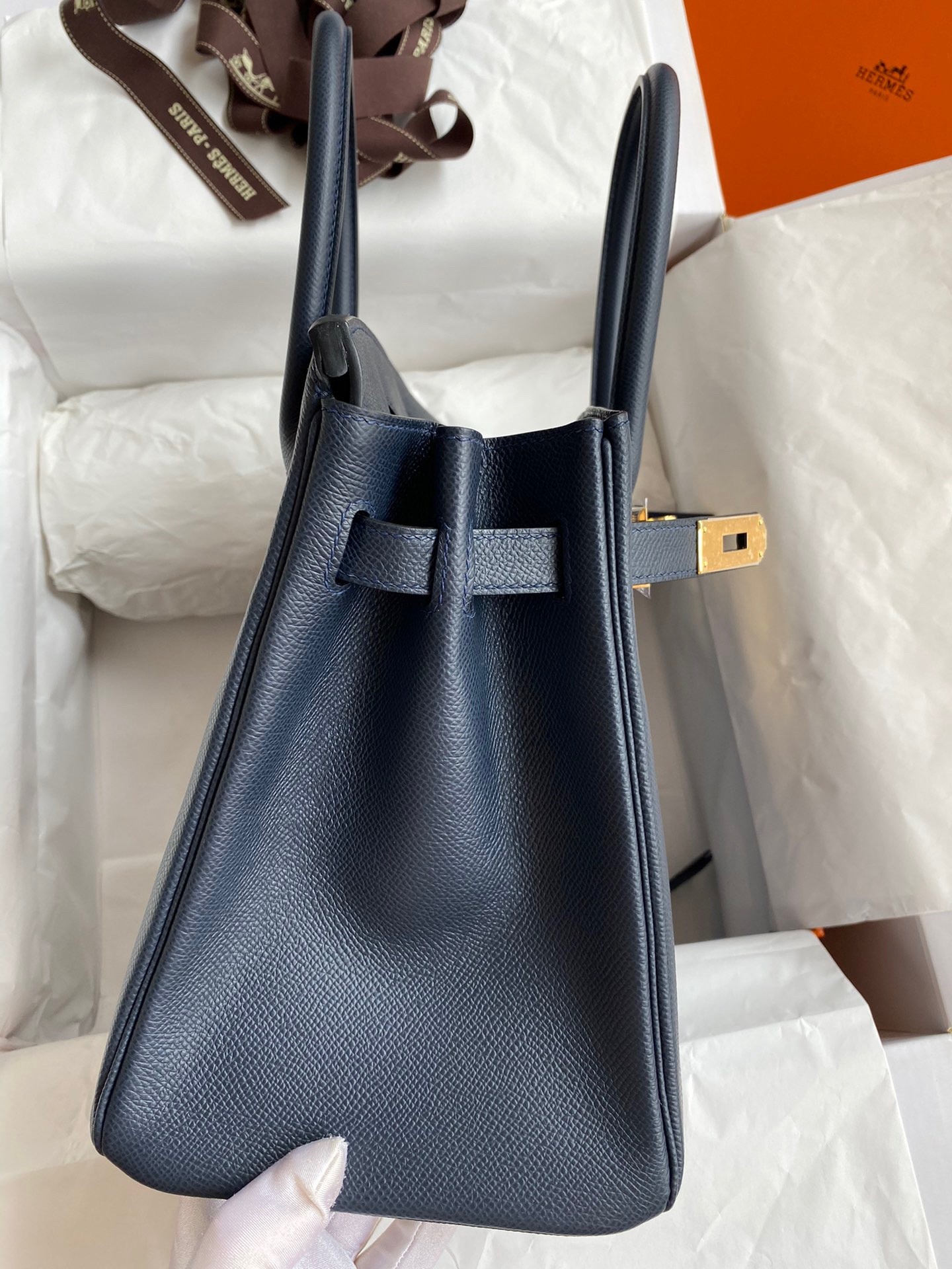 H**mes birkin 30 retourne handmade bag in blue nuit epsom calfskin