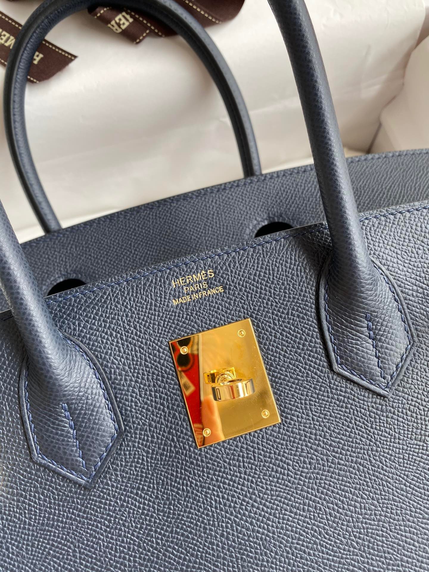 H**mes birkin 30 retourne handmade bag in blue nuit epsom calfskin