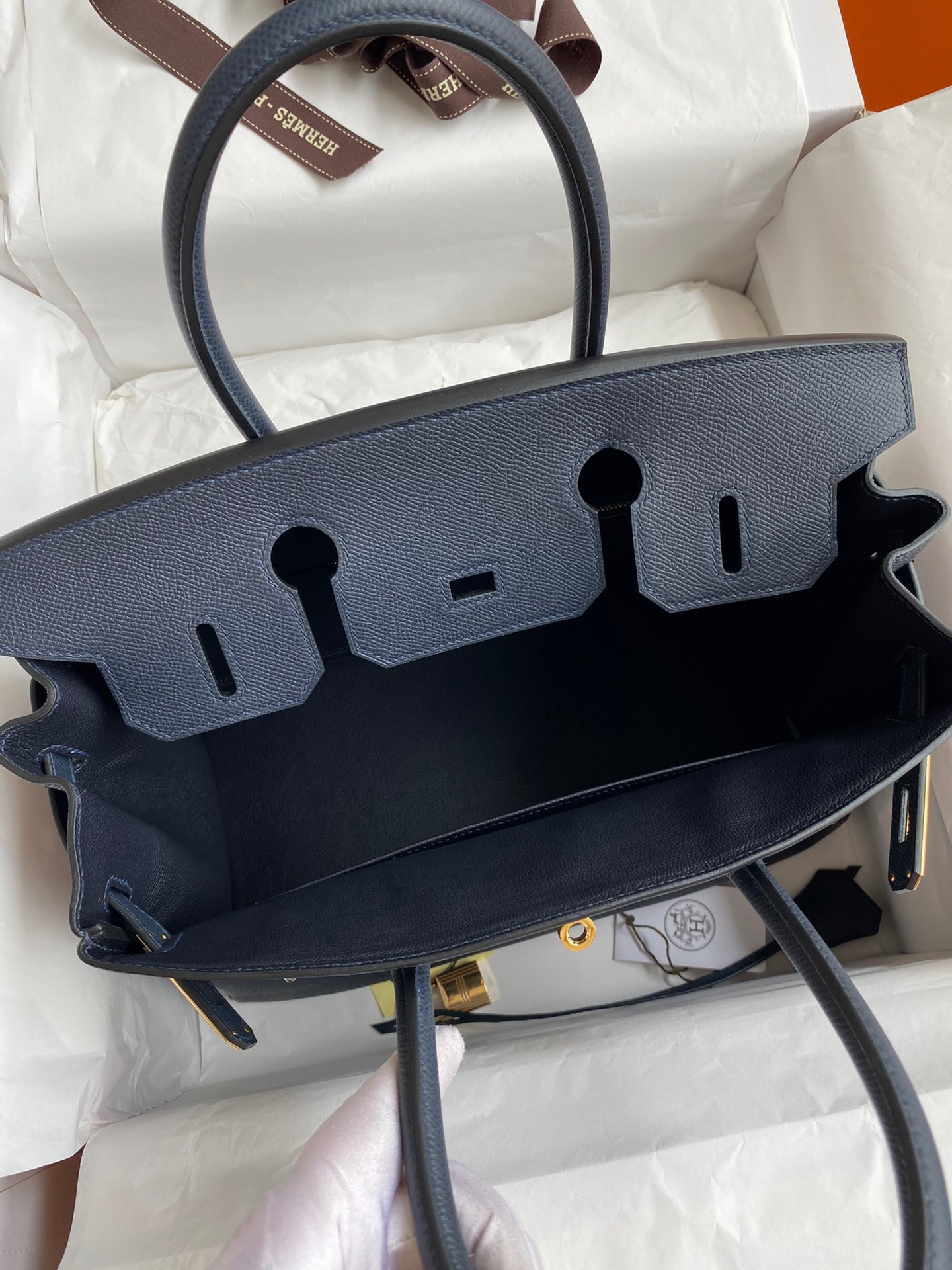H**mes birkin 30 retourne handmade bag in blue nuit epsom calfskin