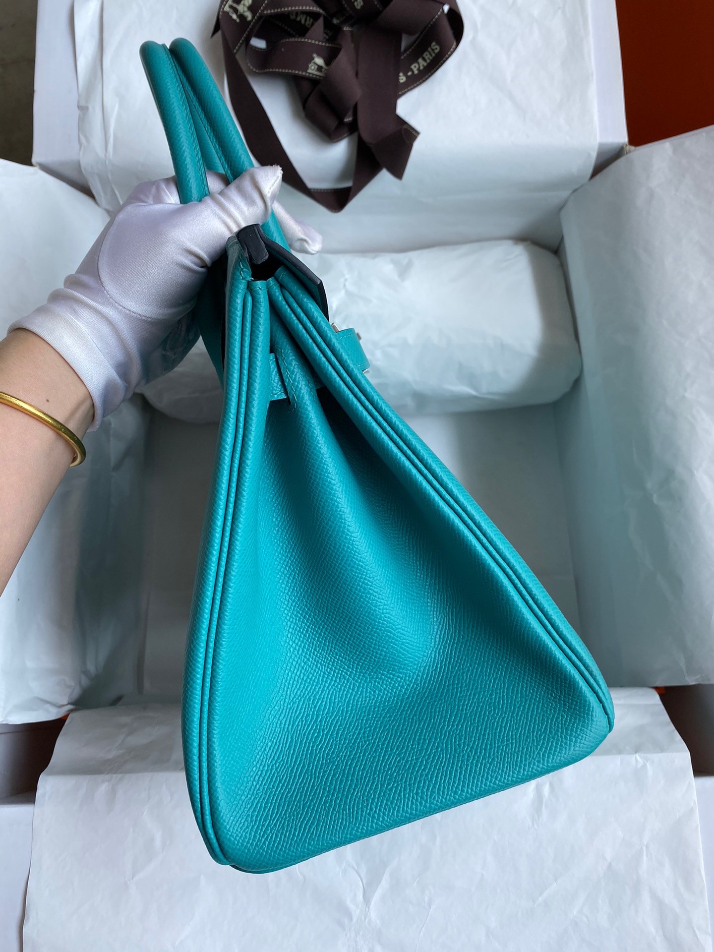 H**mes birkin 30 retourne handmade bag in blue paon epsom calfskin