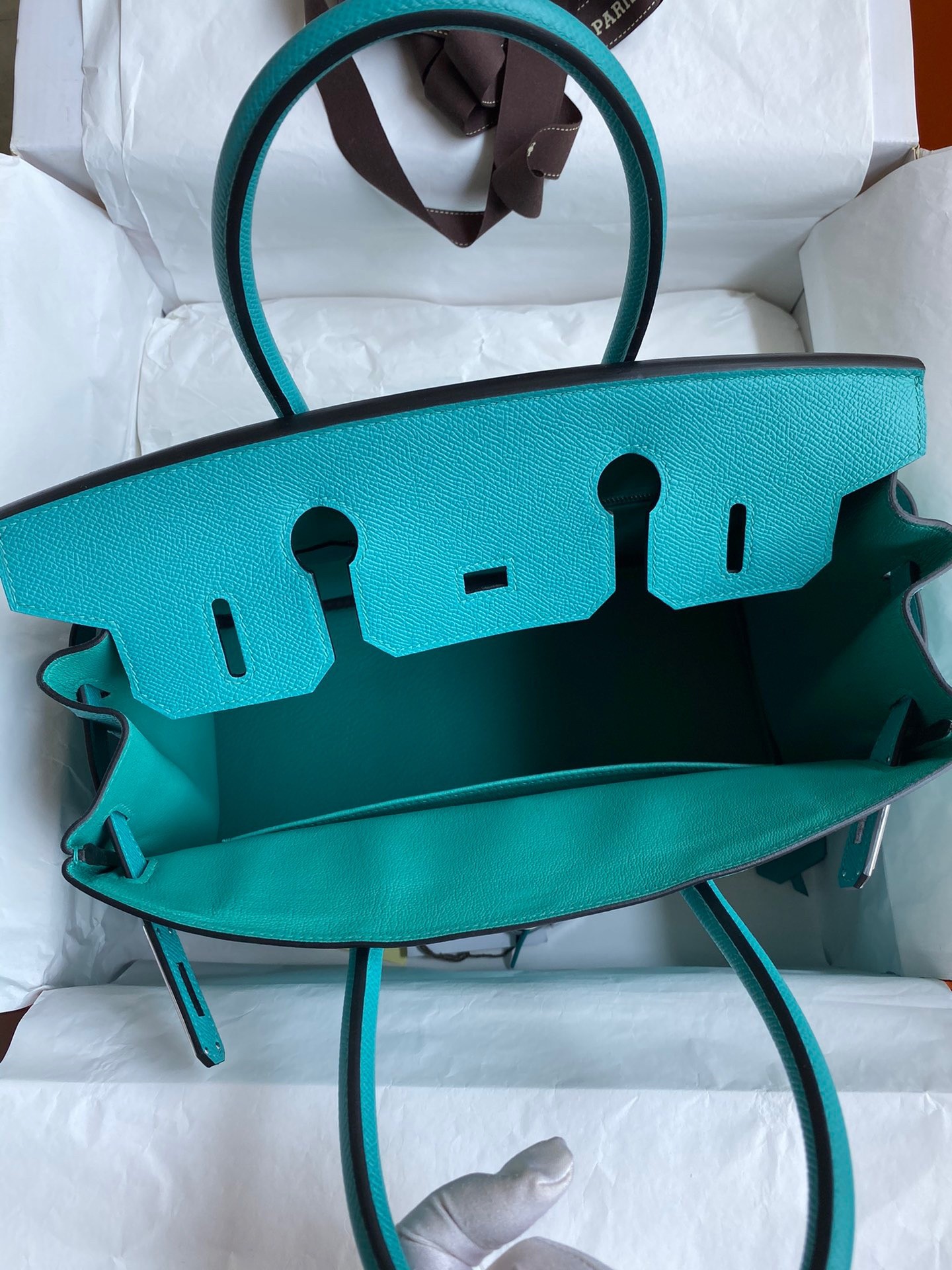 H**mes birkin 30 retourne handmade bag in blue paon epsom calfskin