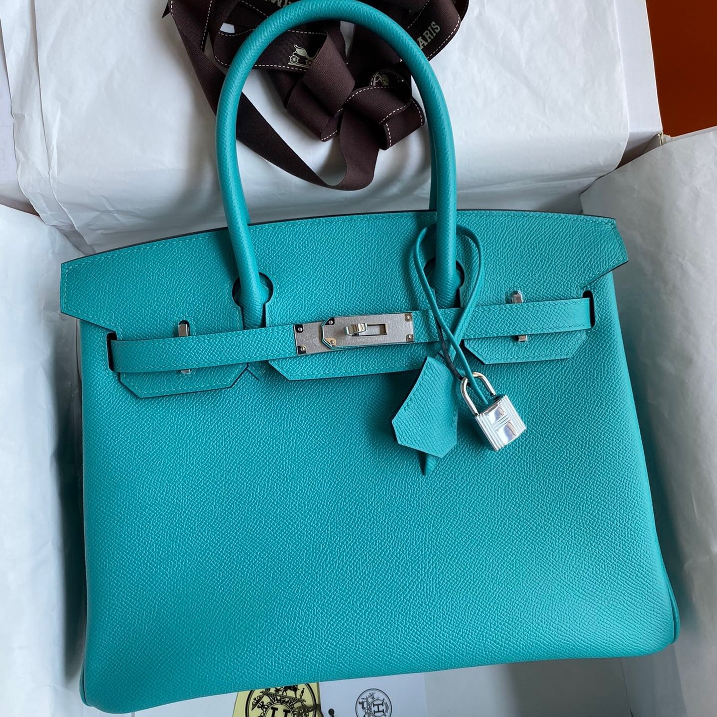 H**mes birkin 30 retourne handmade bag in blue paon epsom calfskin