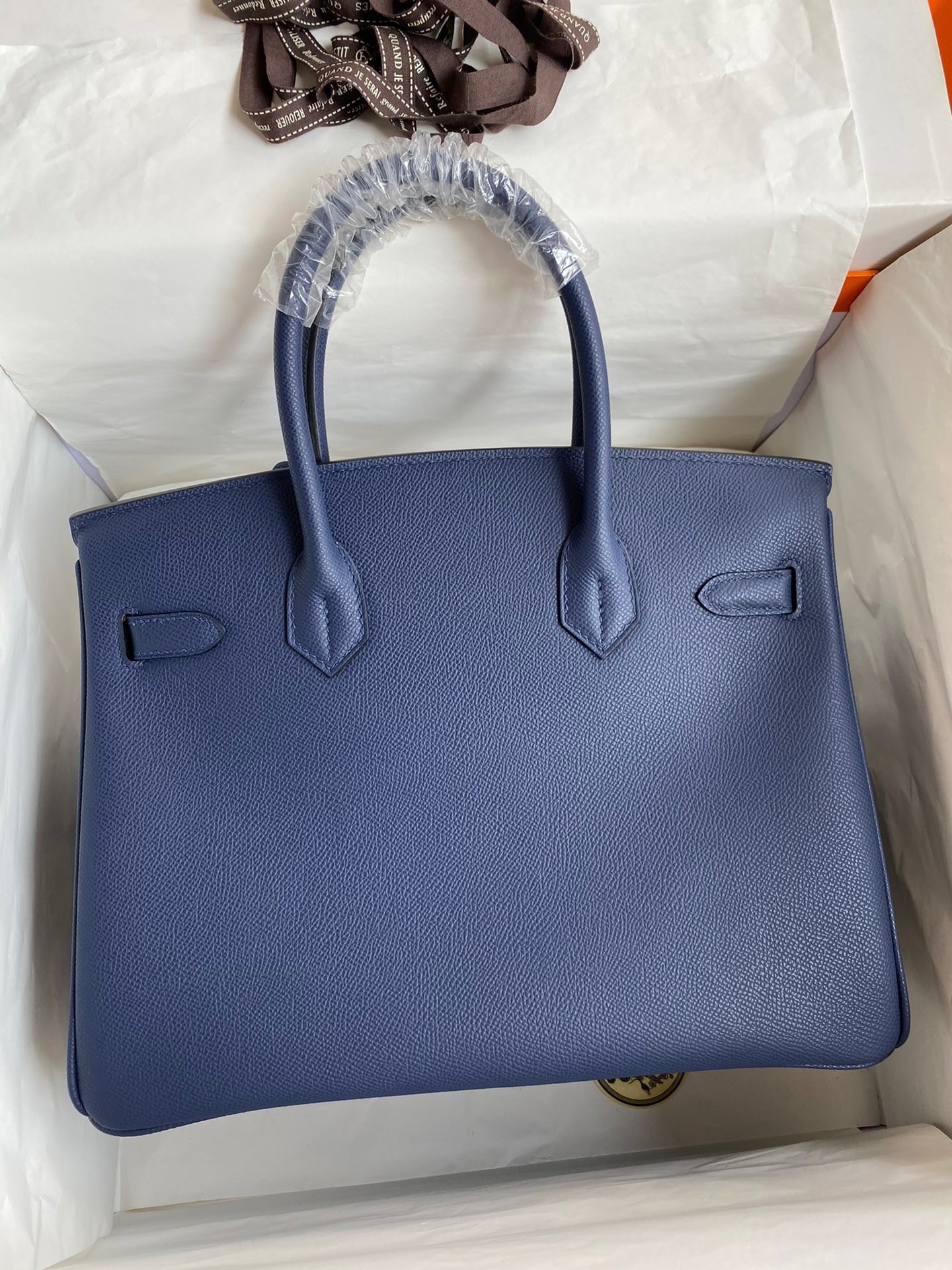 H**mes birkin 30 retourne handmade bag in blue saphir epsom calfskin
