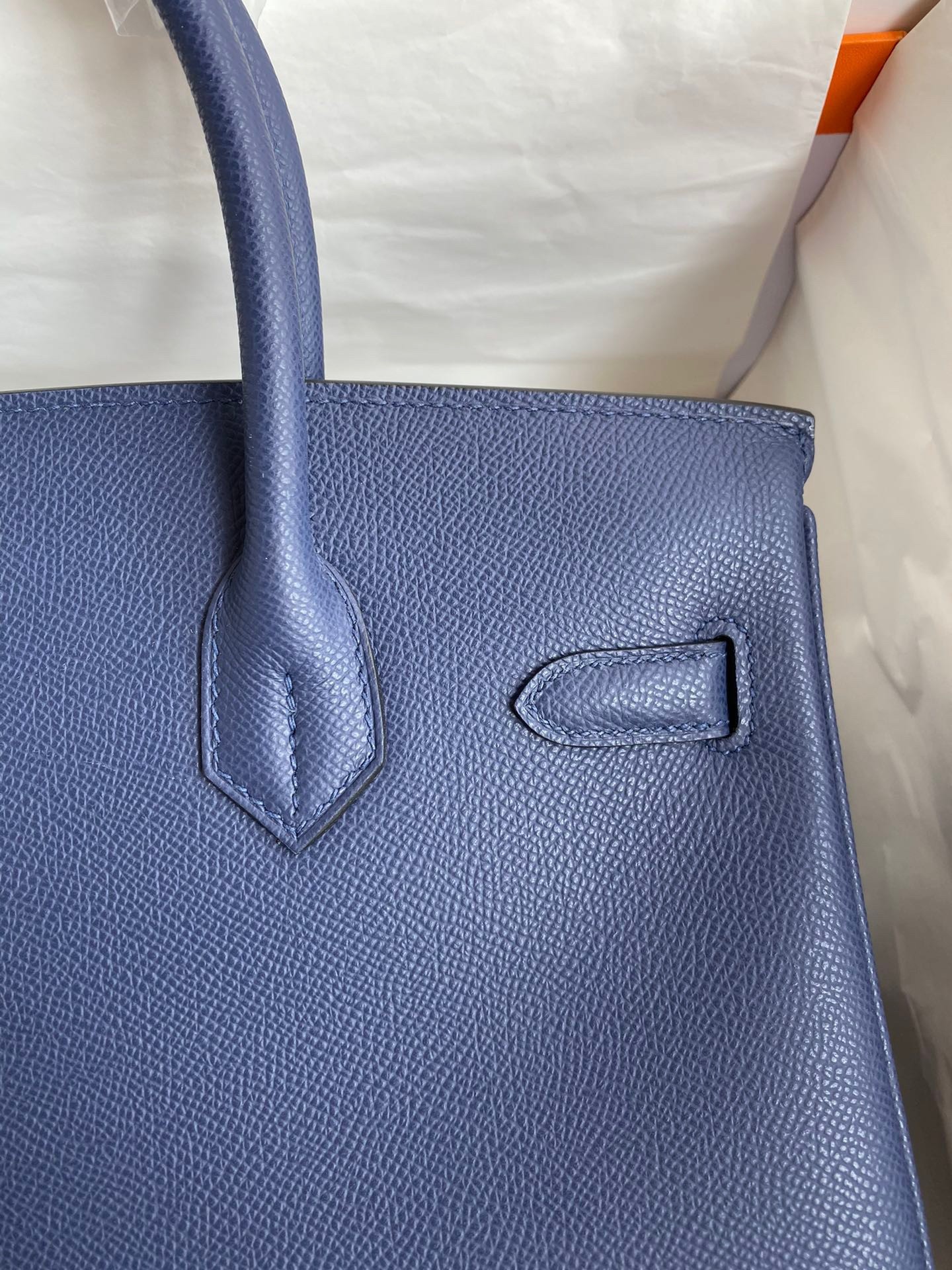 H**mes birkin 30 retourne handmade bag in blue saphir epsom calfskin