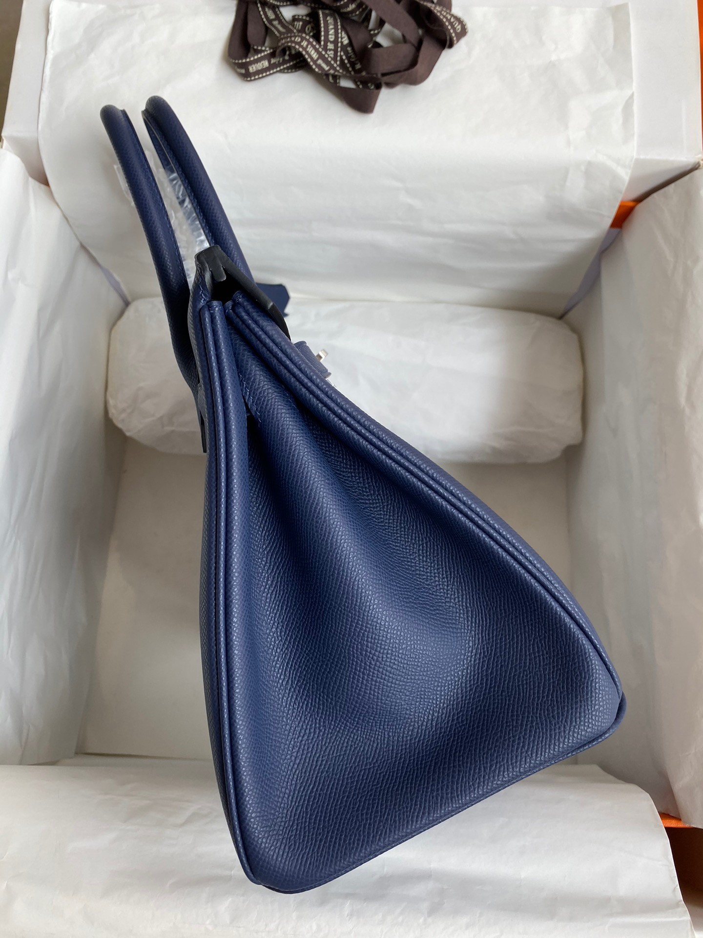 H**mes birkin 30 retourne handmade bag in blue saphir epsom calfskin