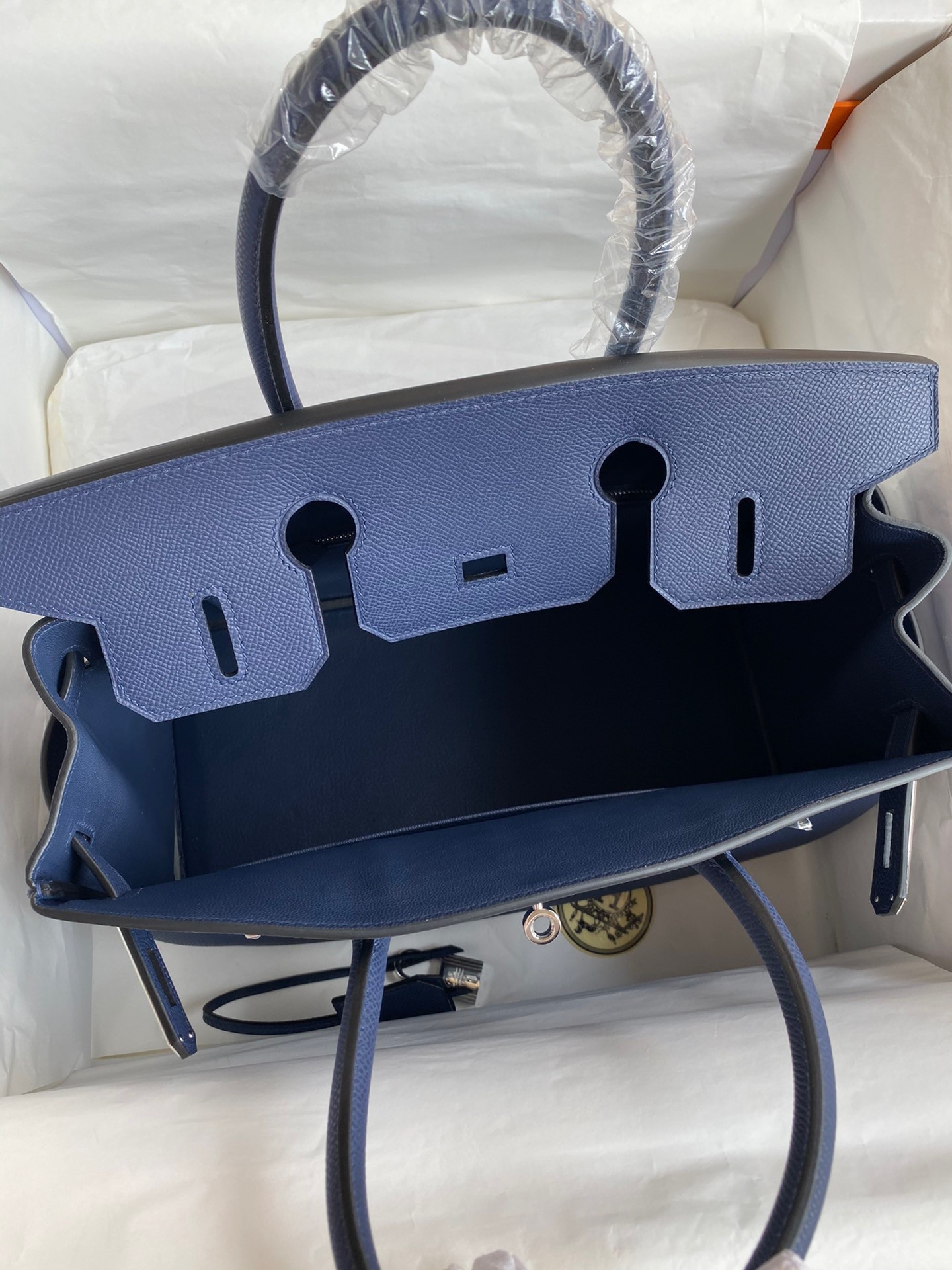 H**mes birkin 30 retourne handmade bag in blue saphir epsom calfskin