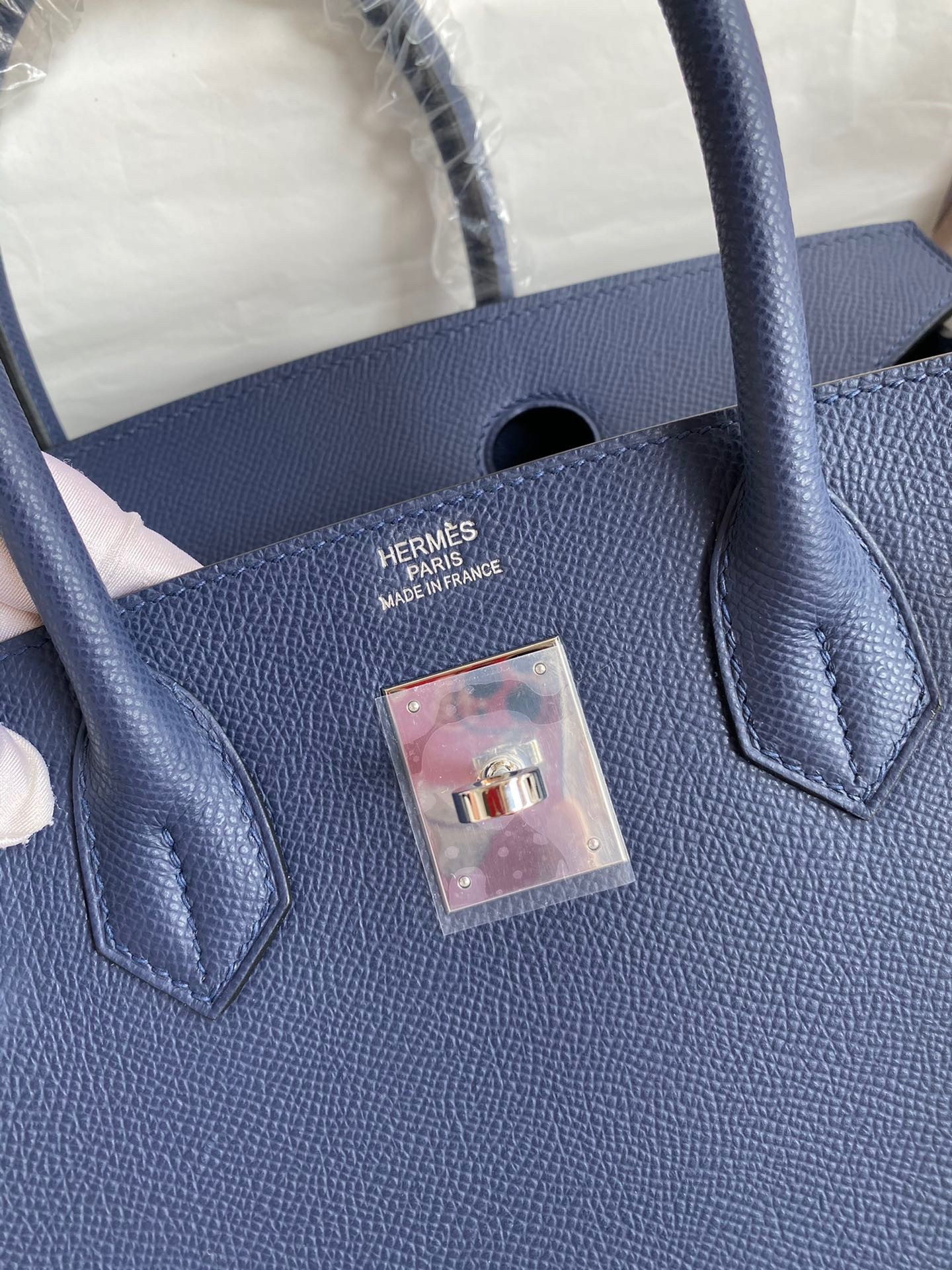 H**mes birkin 30 retourne handmade bag in blue saphir epsom calfskin