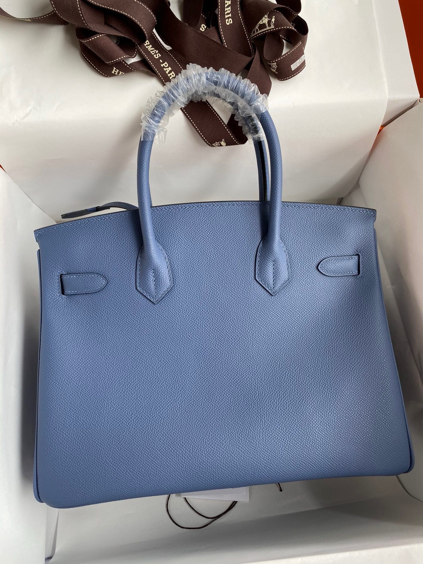 H**mes birkin 30 retourne handmade bag in blue agate epsom calfskin