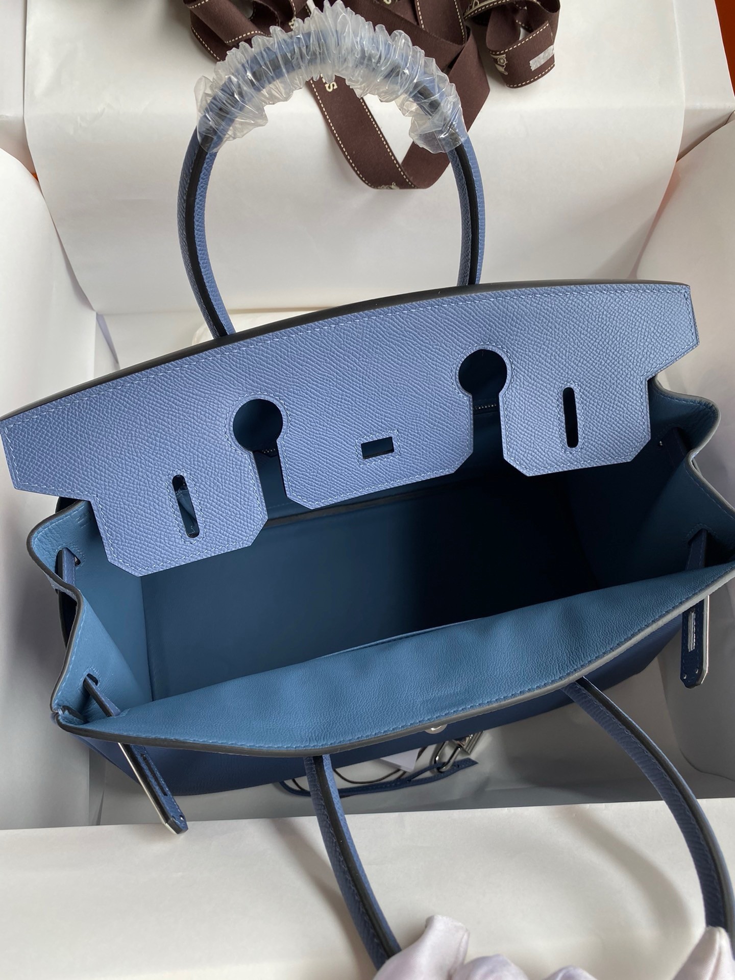 H**mes birkin 30 retourne handmade bag in blue agate epsom calfskin